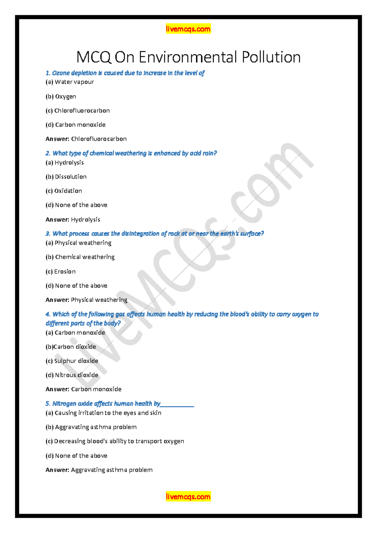 MCQ on Environmental Pollution (Including Answers) - Study Guide PDF ...