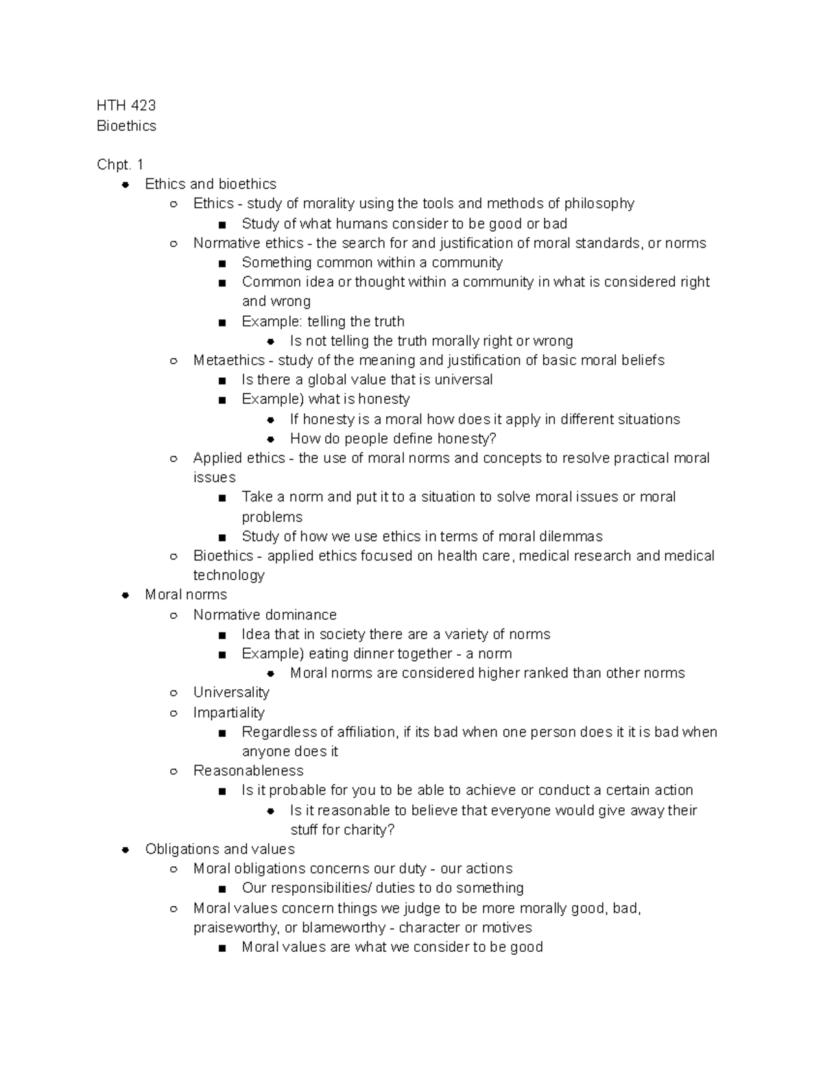 HTH 423: Comprehensive Bioethics Notes - Chapters 1 & 2 Summary - Studocu