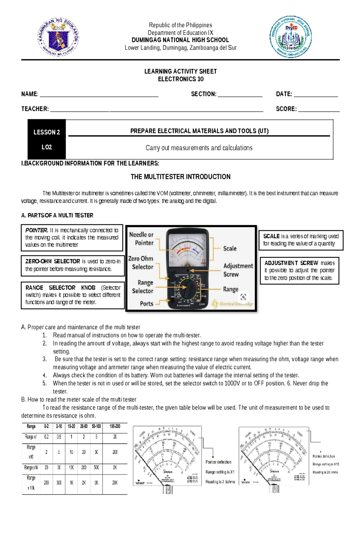 Electronics 10 Multi Tester Learning Activity Q1 Guide - Studocu