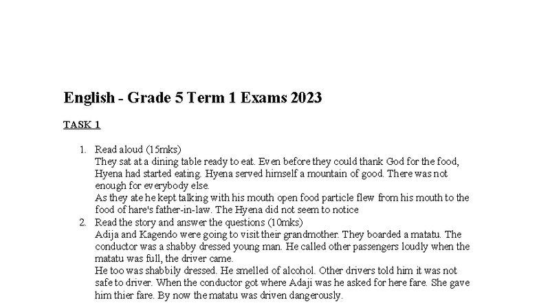English Grade 5 Term 1 Exam 2023: Reading & Comprehension Tasks - Studocu