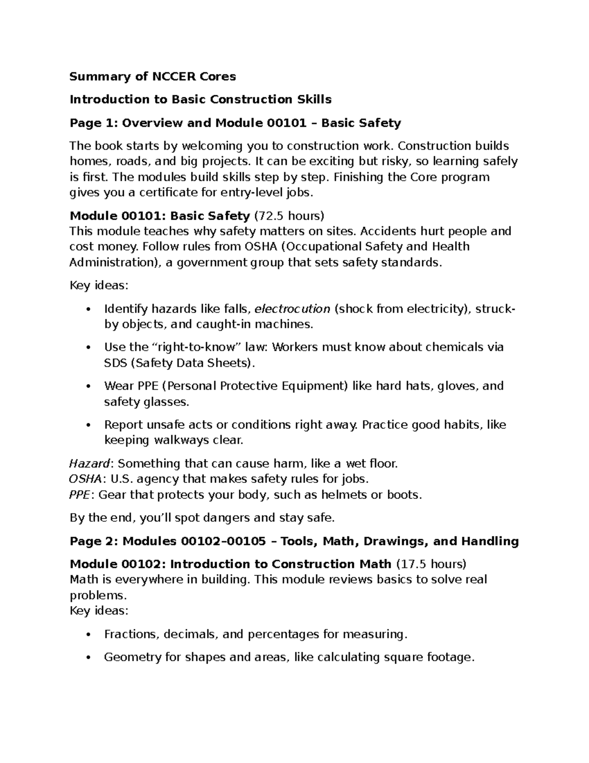 Summary of NCCER Cores - Basic Construction Skills Notes - Studocu