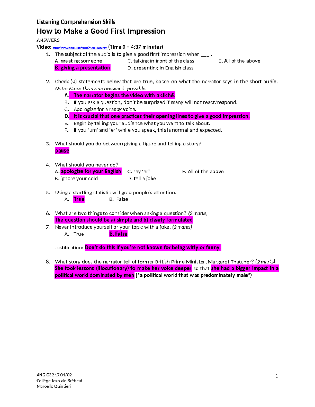 ANG G32 17 01/ Listening Comprehension: Good First Impressions Answers ...