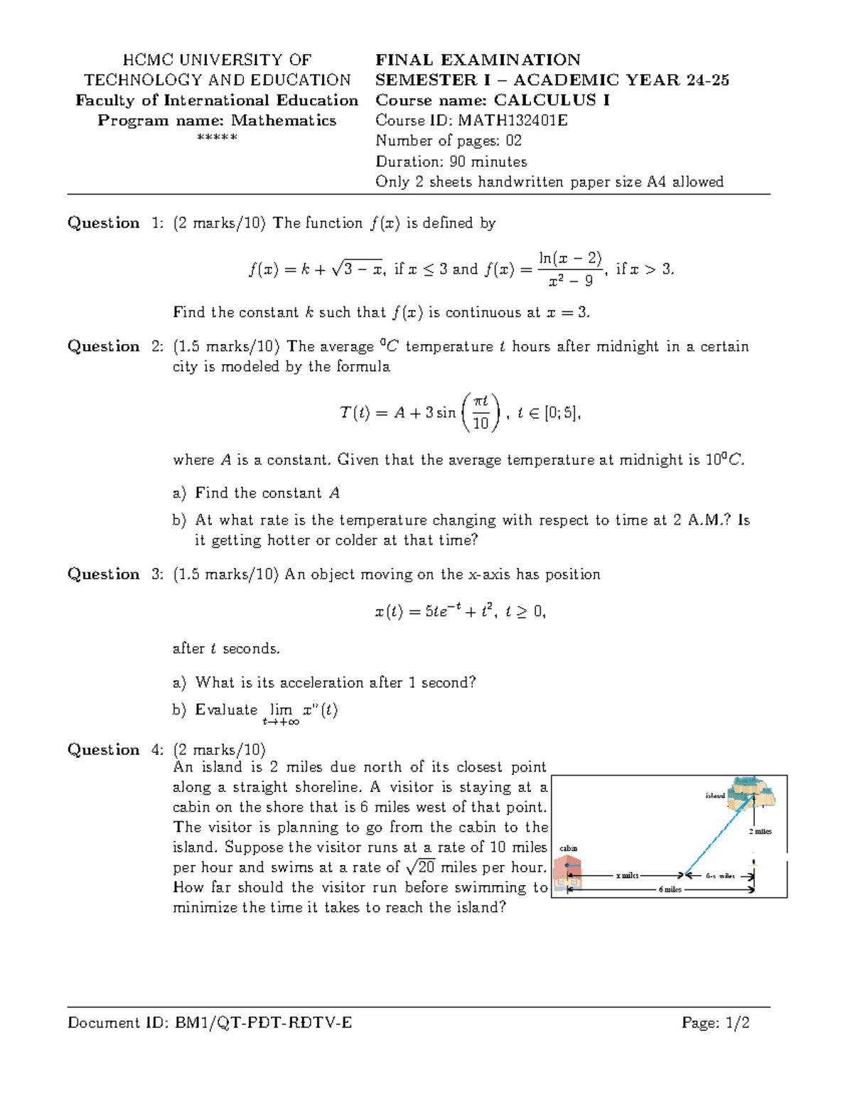 Final Exam MATH132401E: Calculus I - Semester I 2024-2025 - Studocu