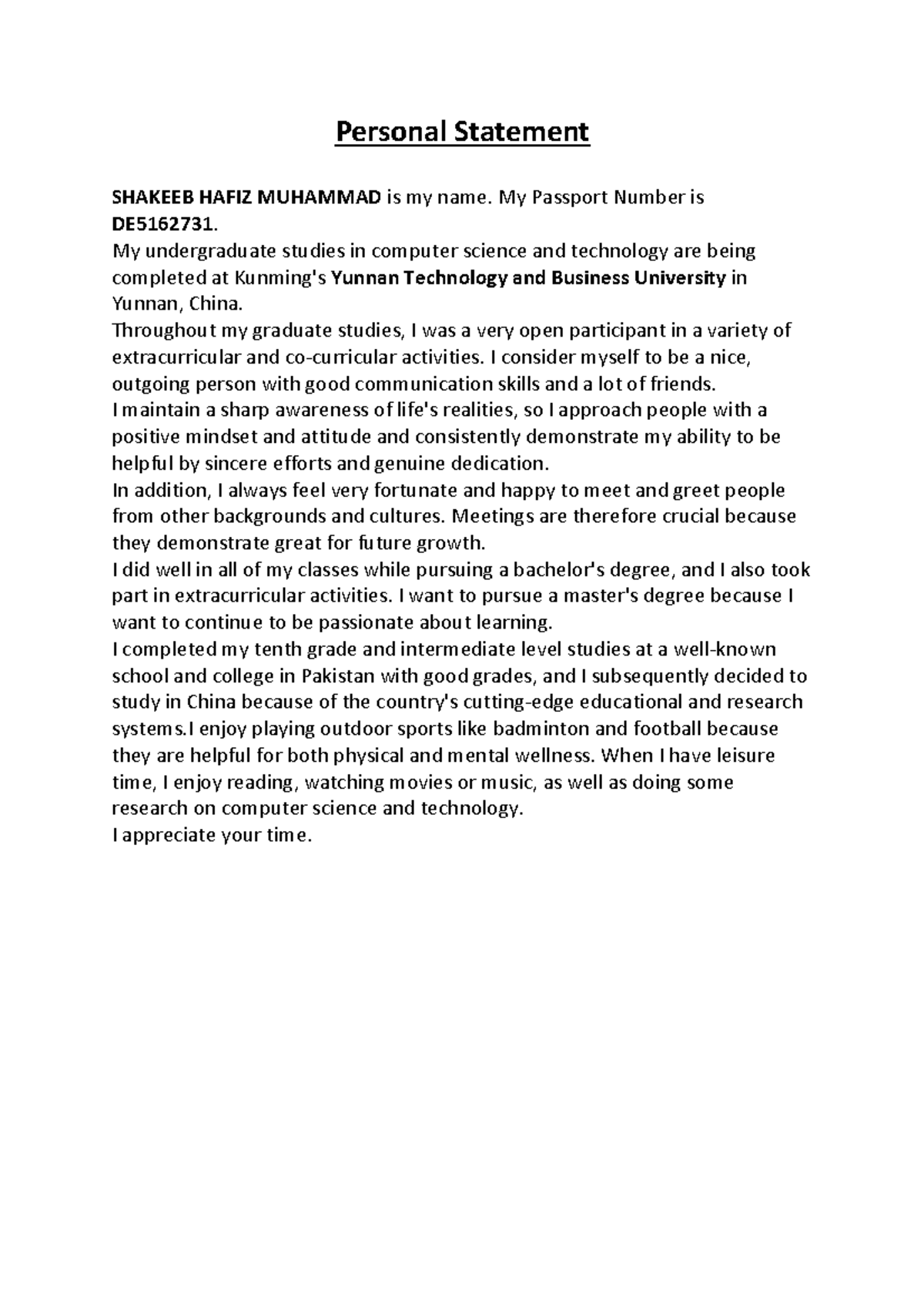 Personal Statement for Master's Application in CS (Final Draft) - Studocu