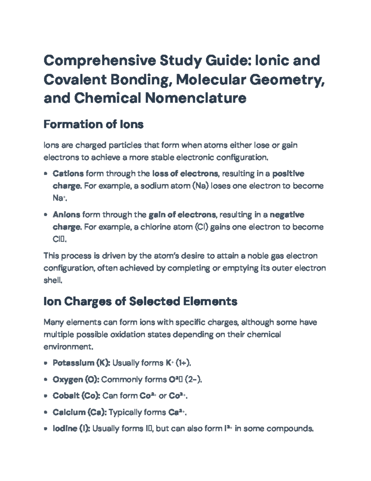 Comprehensive Study Guide: Ionic/Covalent Bonding & Molecular Geometry ...