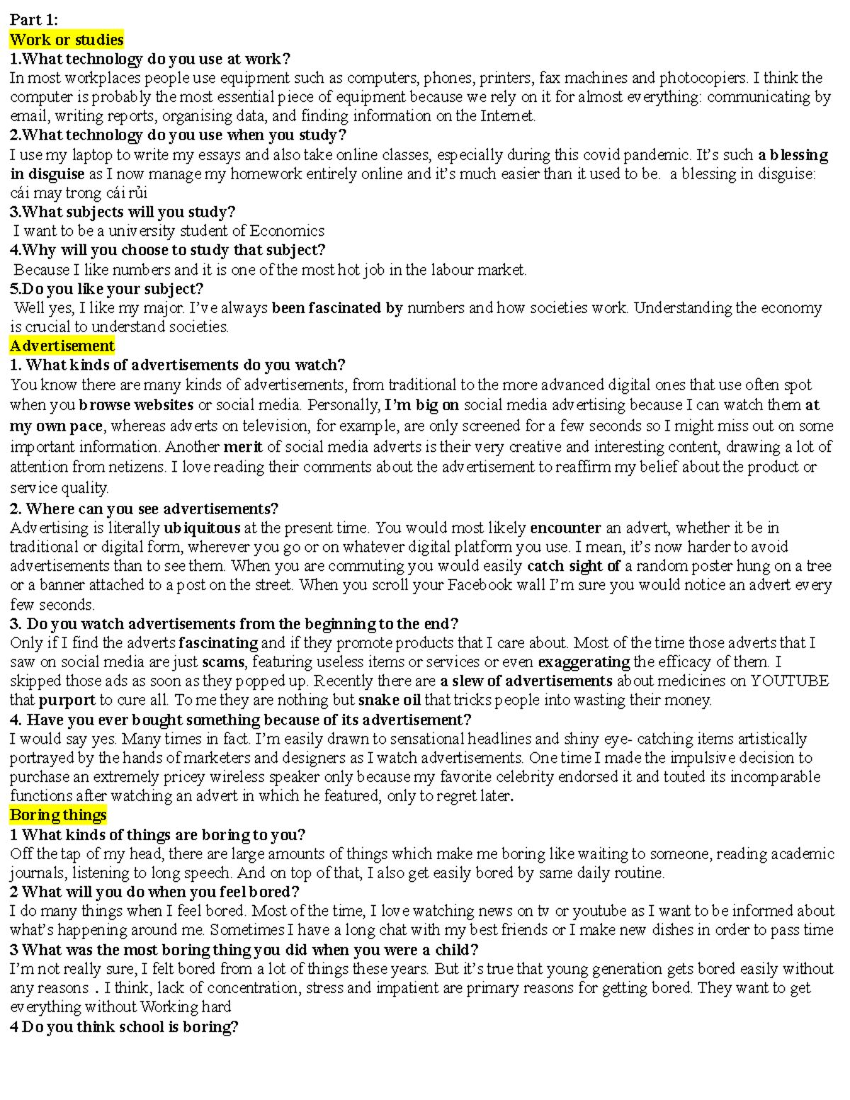 Speaking-part1 - bkugu - Part 1: Work or studies 1 technology do you ...
