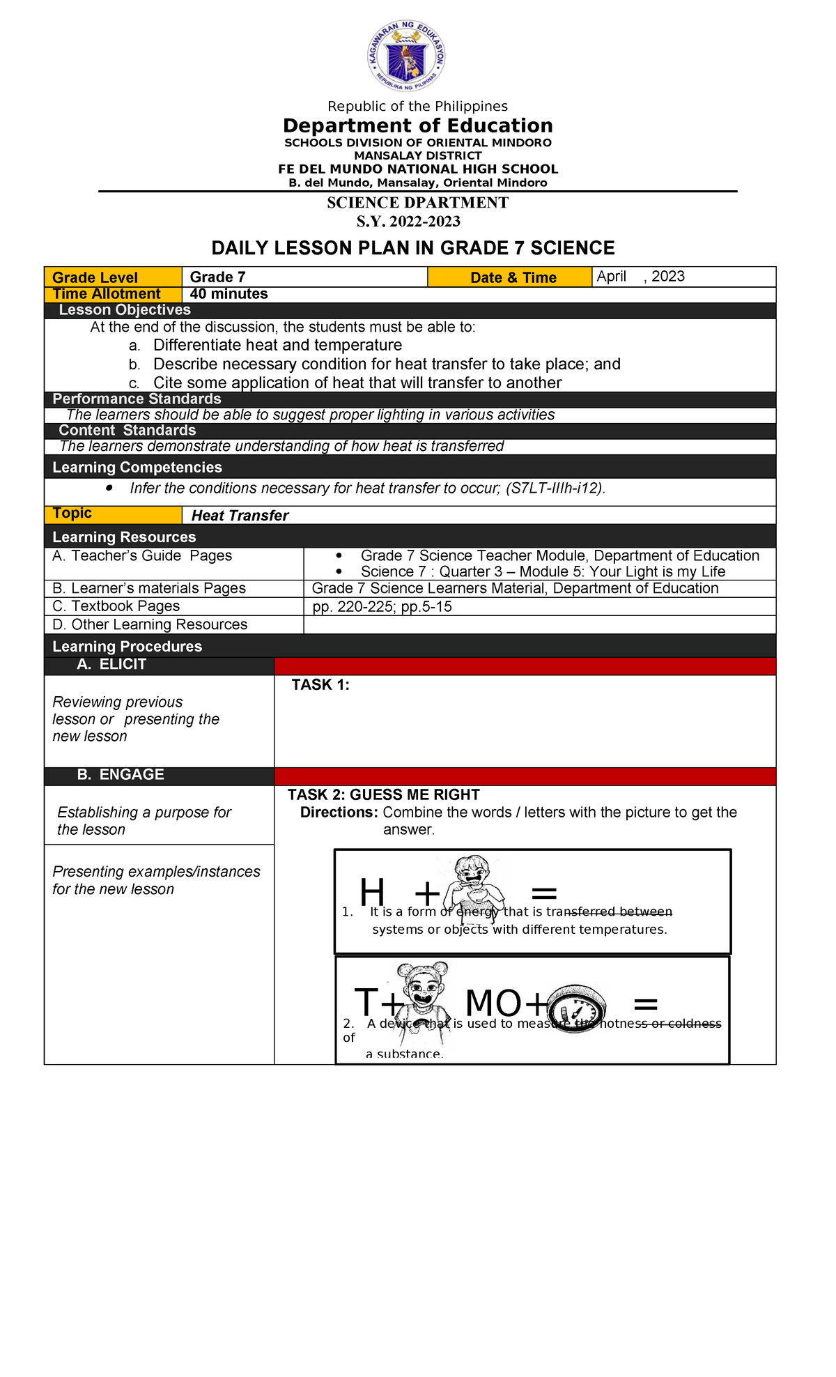 Grade 7 Science Daily Lesson Plan: Heat Transfer (S.Y. 2023) - Studocu