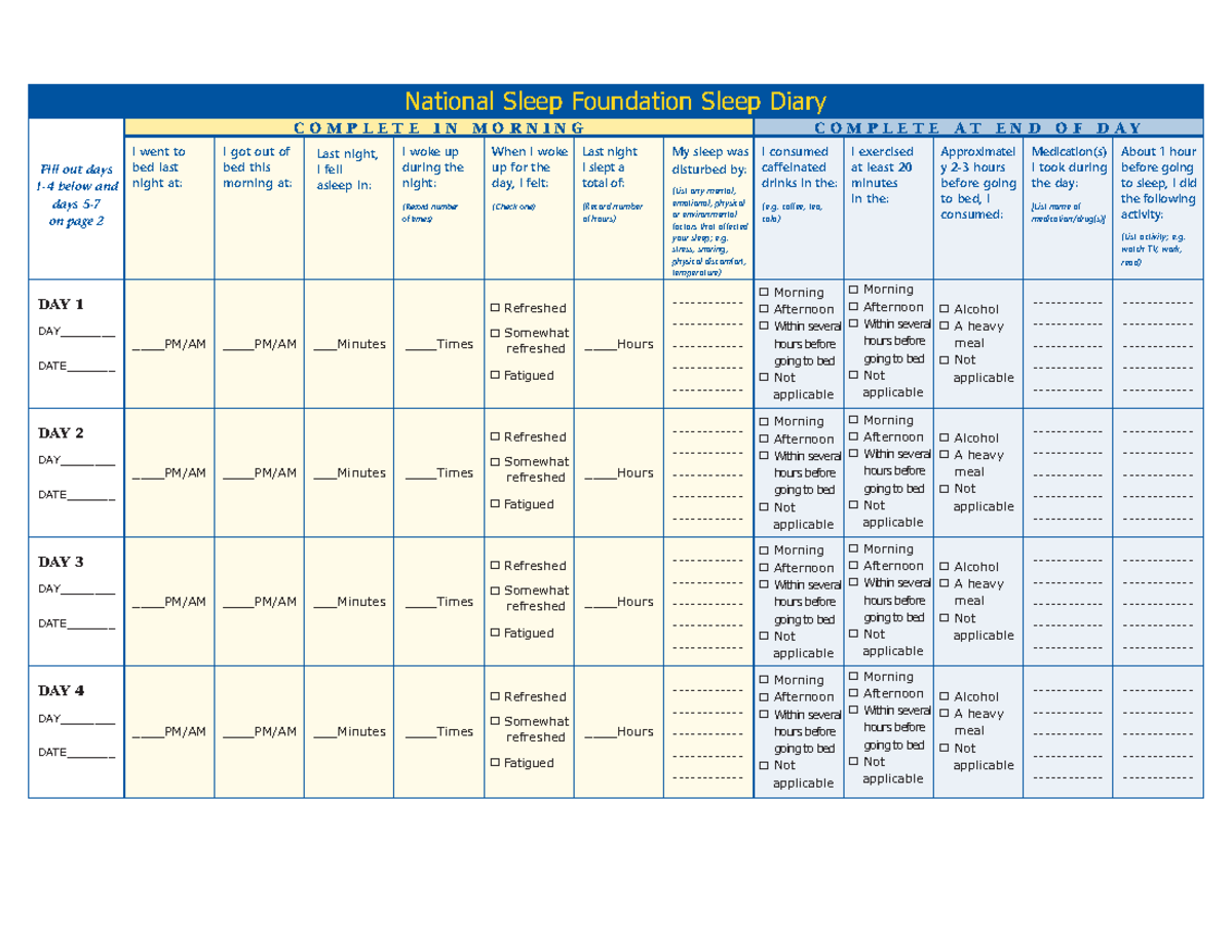 NSF Sleep Diary: Daily Sleep Tracking Template - Studocu