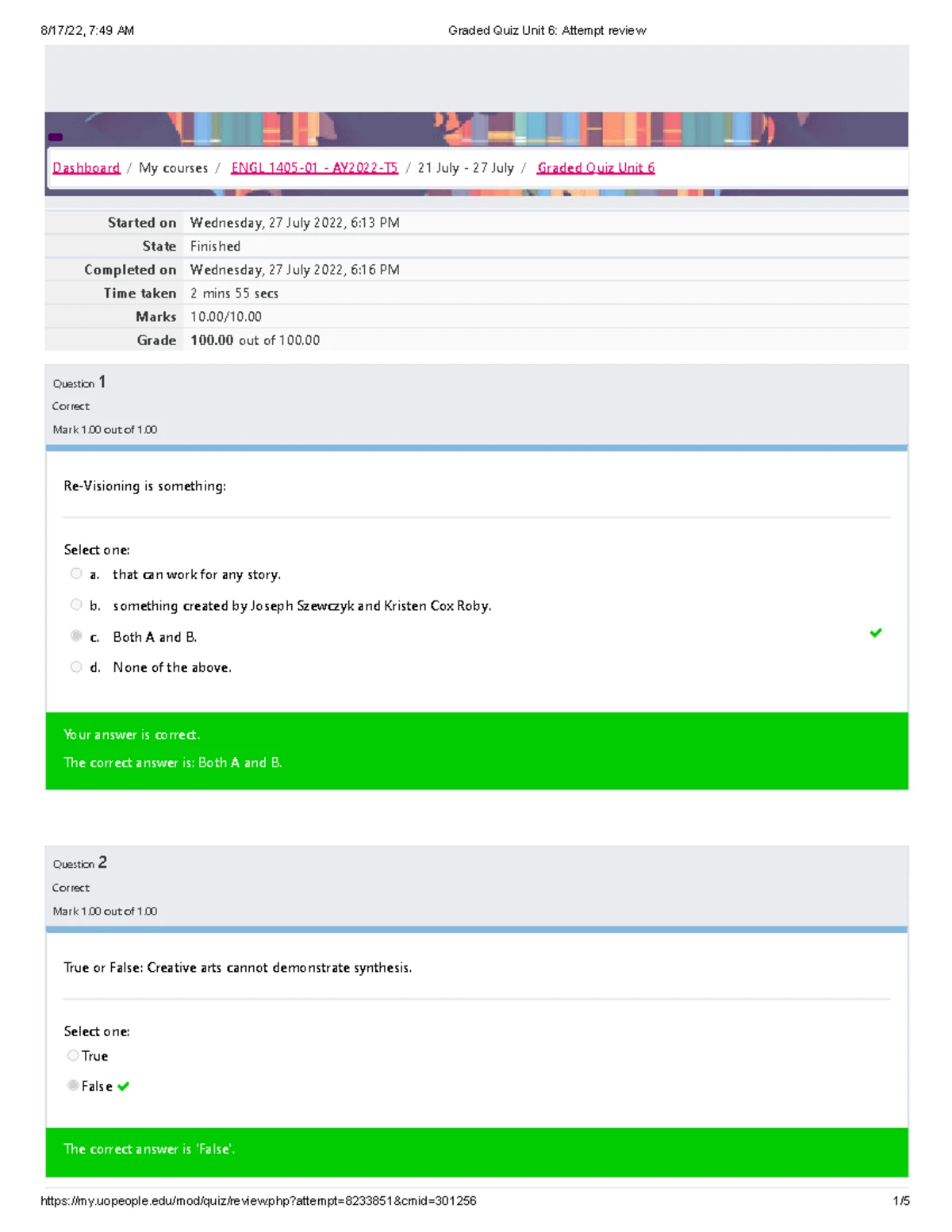 ENGL 1405 Graded Quiz Unit 6 Attempt review - Started on Monday, 20 ...