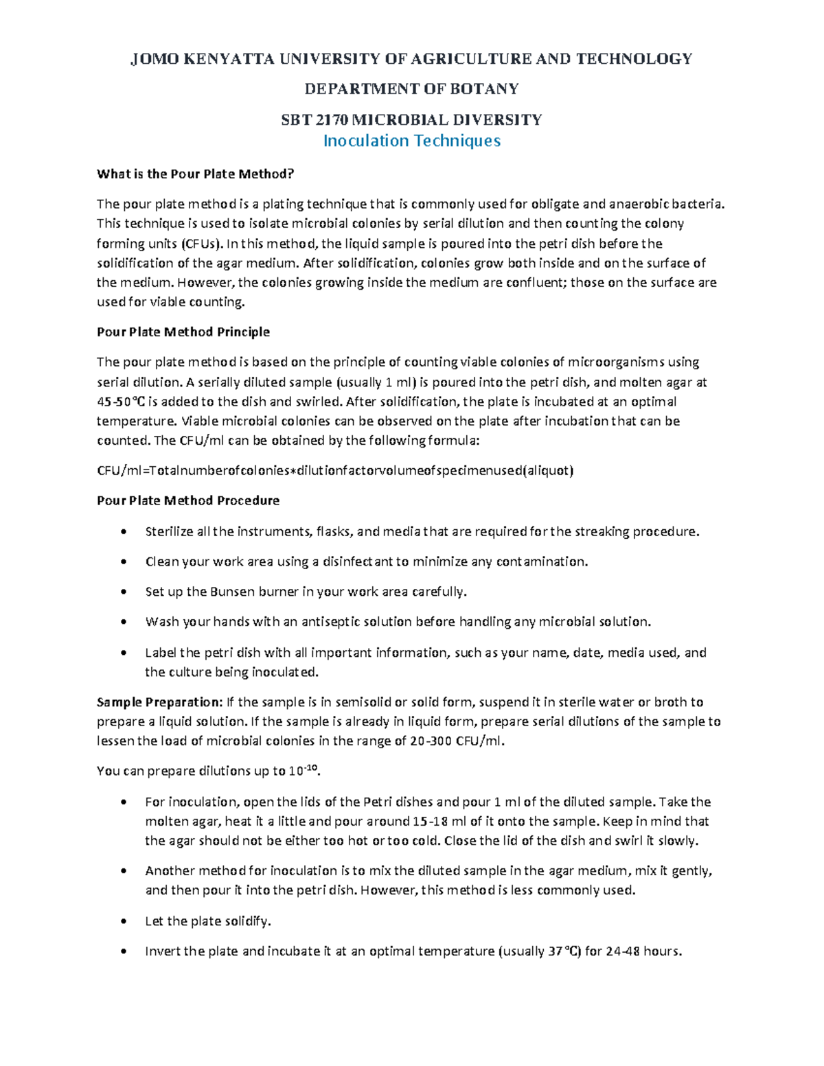 SBT 217 Inoculation Techniques: Pour, Streak, and Spread Plate Methods ...