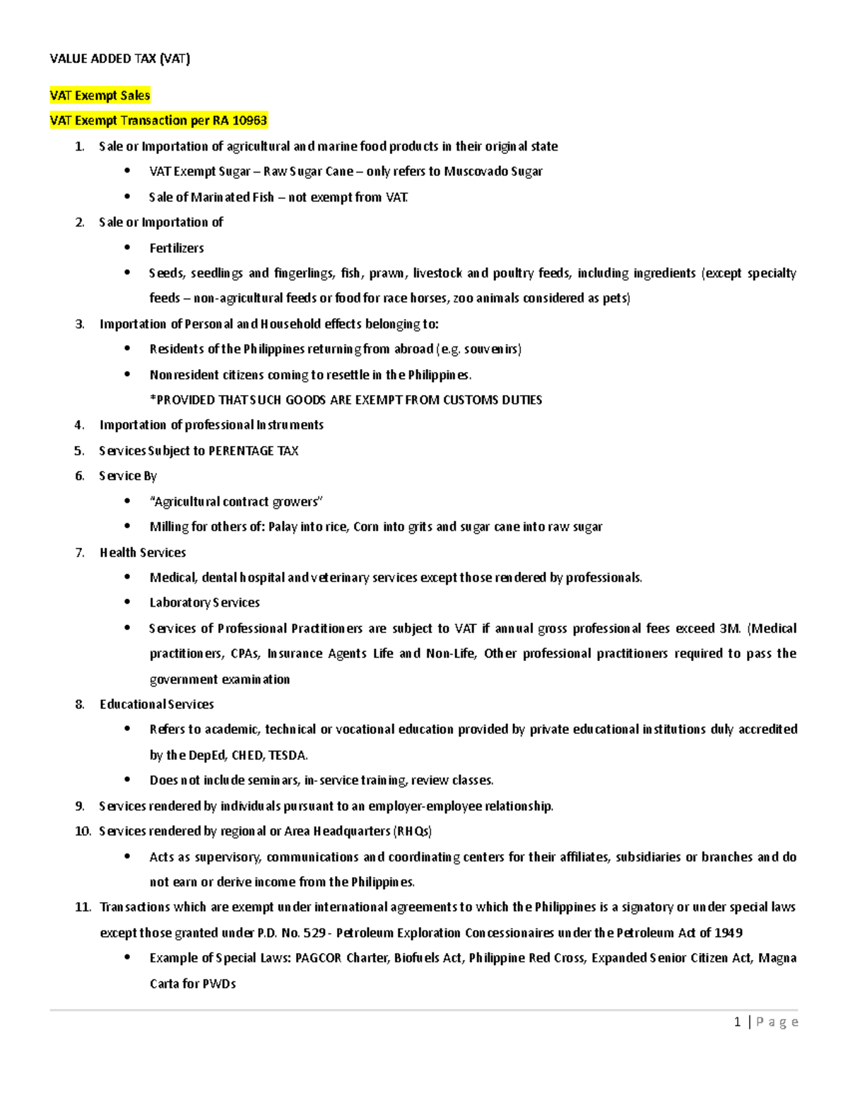 VAT 101: Lecture Notes on VAT Exempt Sales and Computation - Studocu
