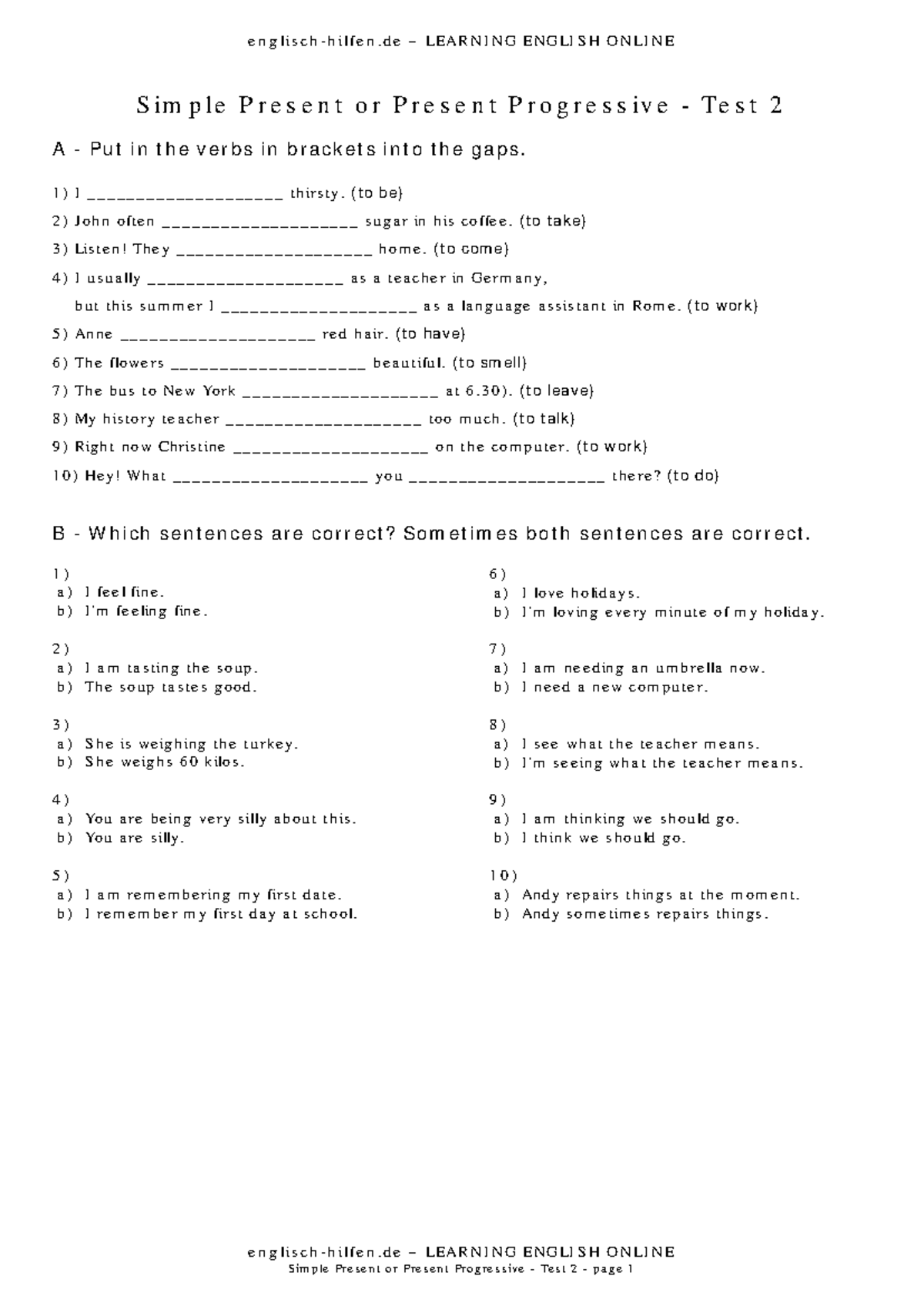 LEARNING ENGLISH ONLINE Simple Present vs Present Progressive Test 2 ...