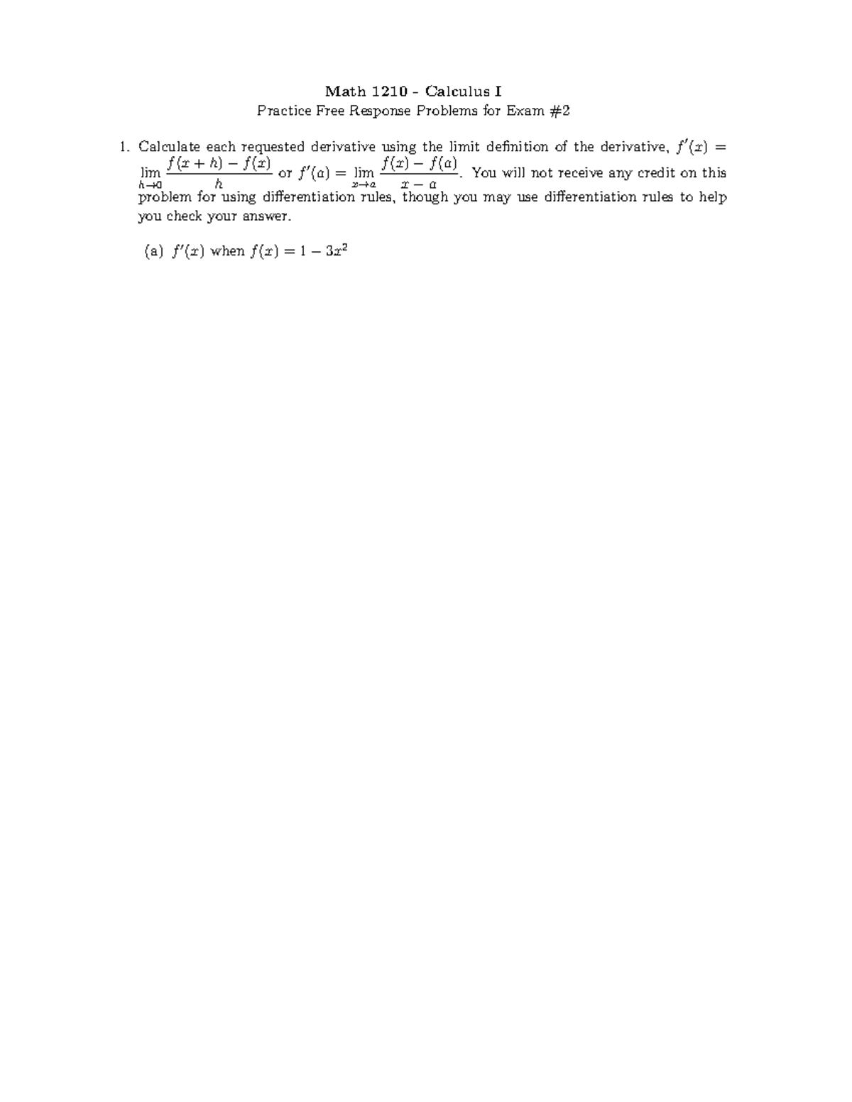 Math 1210 Calculus I Exam 2 Practice Free Response Problems - Studocu