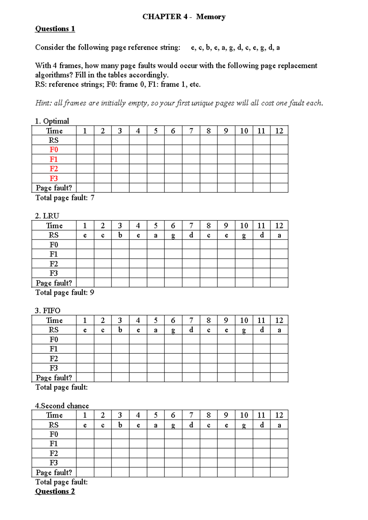 Exercise 4 Memory Page replacement - CHAPTER 4 - Memory Questions 1 ...