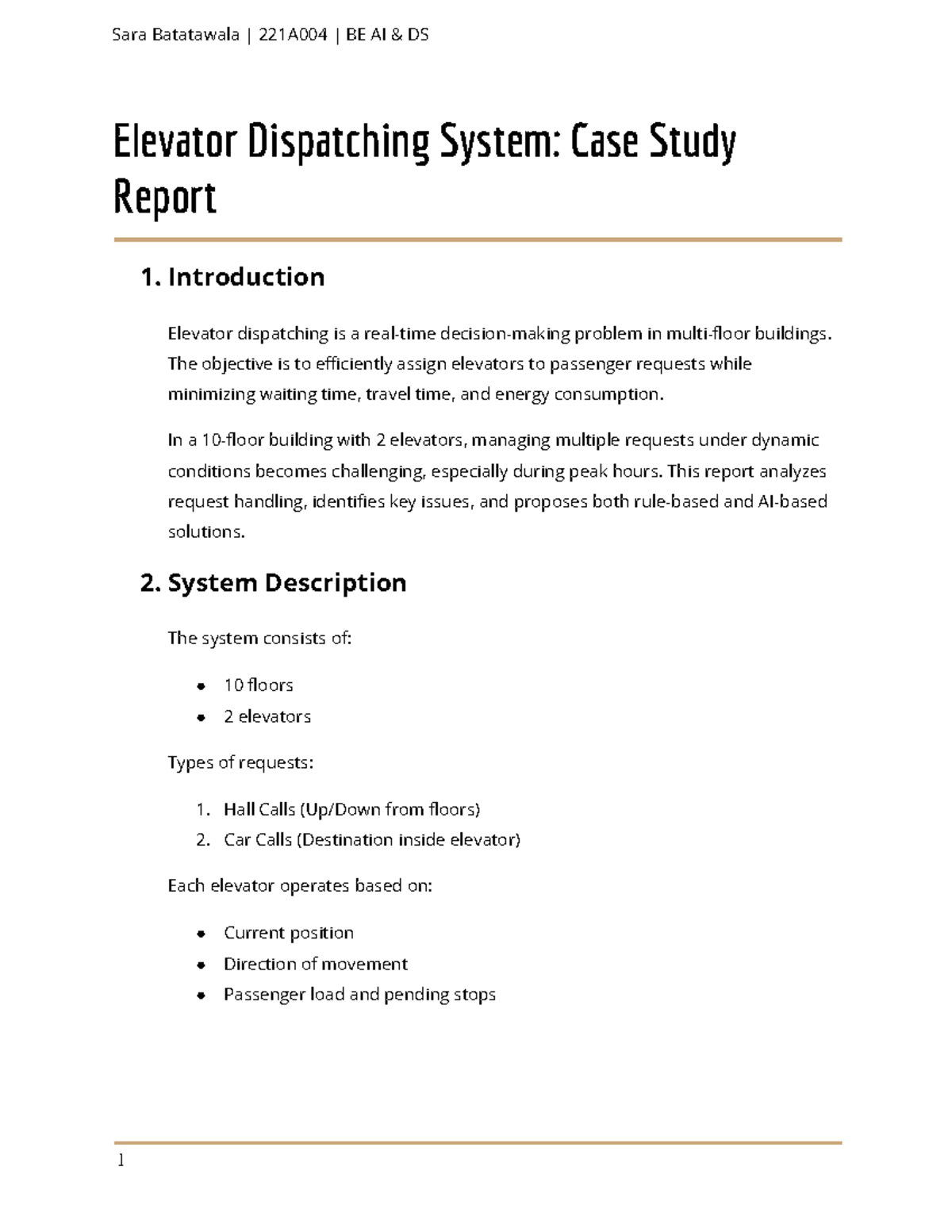 221A004 BE AI DS Elevator Dispatching System: Case Study Analysis - Studocu