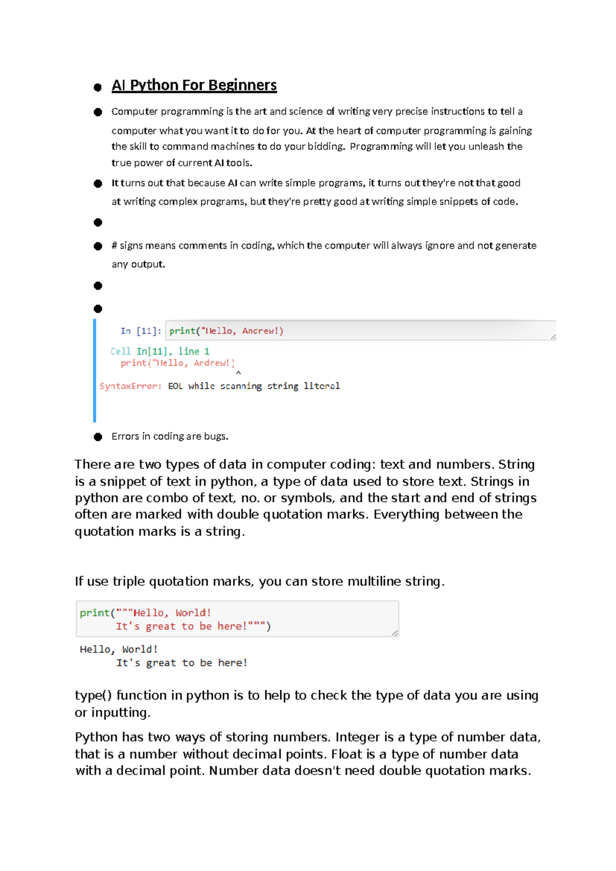 AI Python for Beginners: A Comprehensive Intro to Coding - Studocu