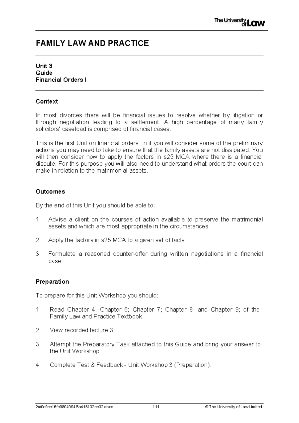 FAMILY LAW AND PRACTICE WS 3: Financial Orders I Unit Guide - Studocu