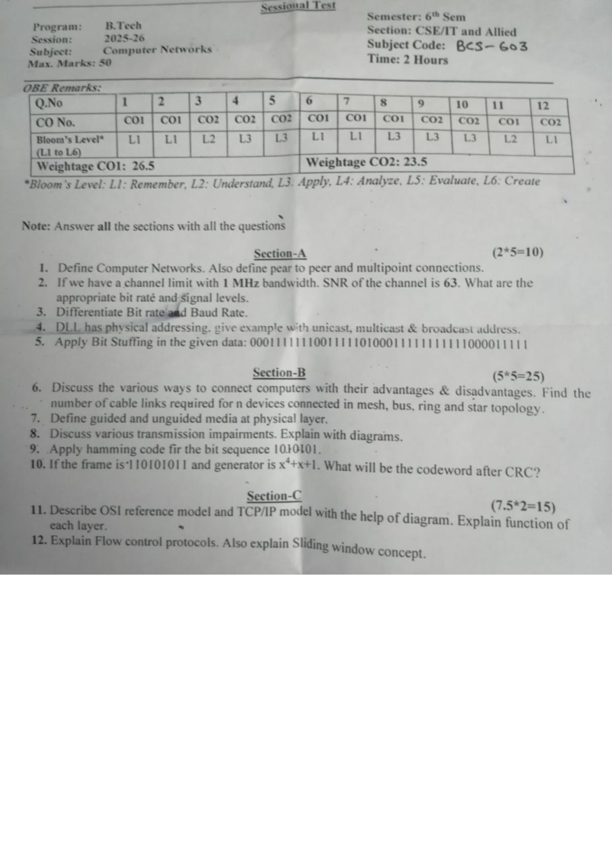 CN Sessional Test - Computer Networks Sample (B.Tech) - Studocu