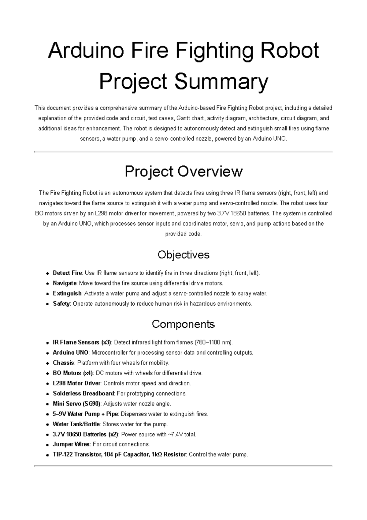 Arduino Fire Fighting Robot Project Summary and Overview - Studocu
