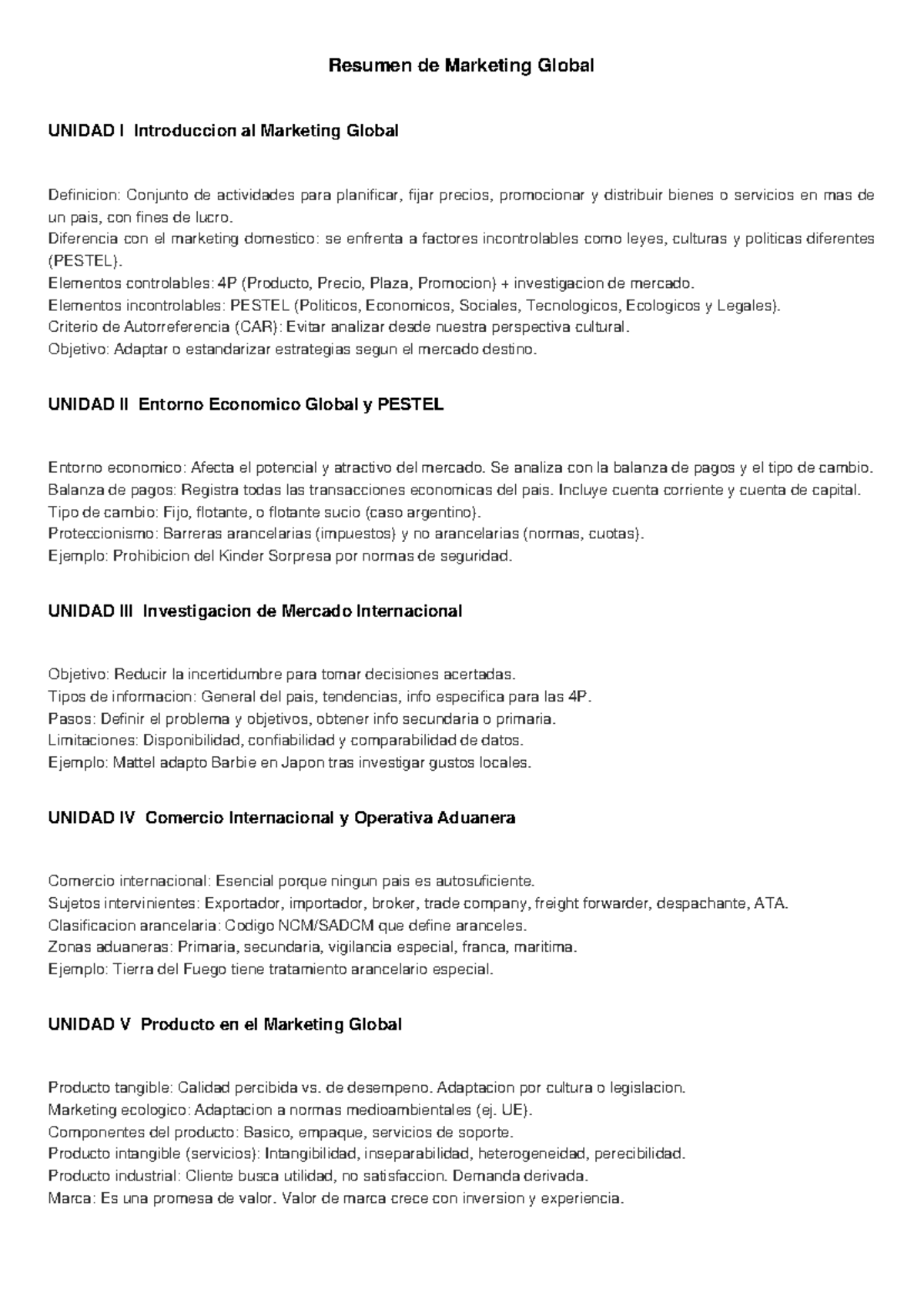 Resumen de Marketing Global - UNIDAD I a V: Conceptos Clave y ...