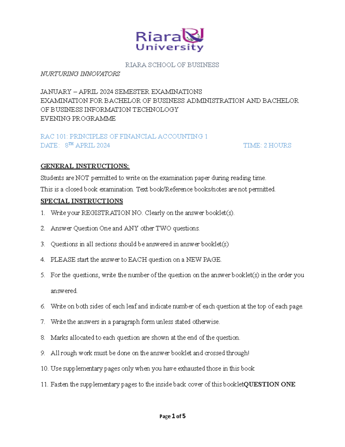 Principles of Financial Accounting 1 - RAC 101 Final Exam Instructions ...