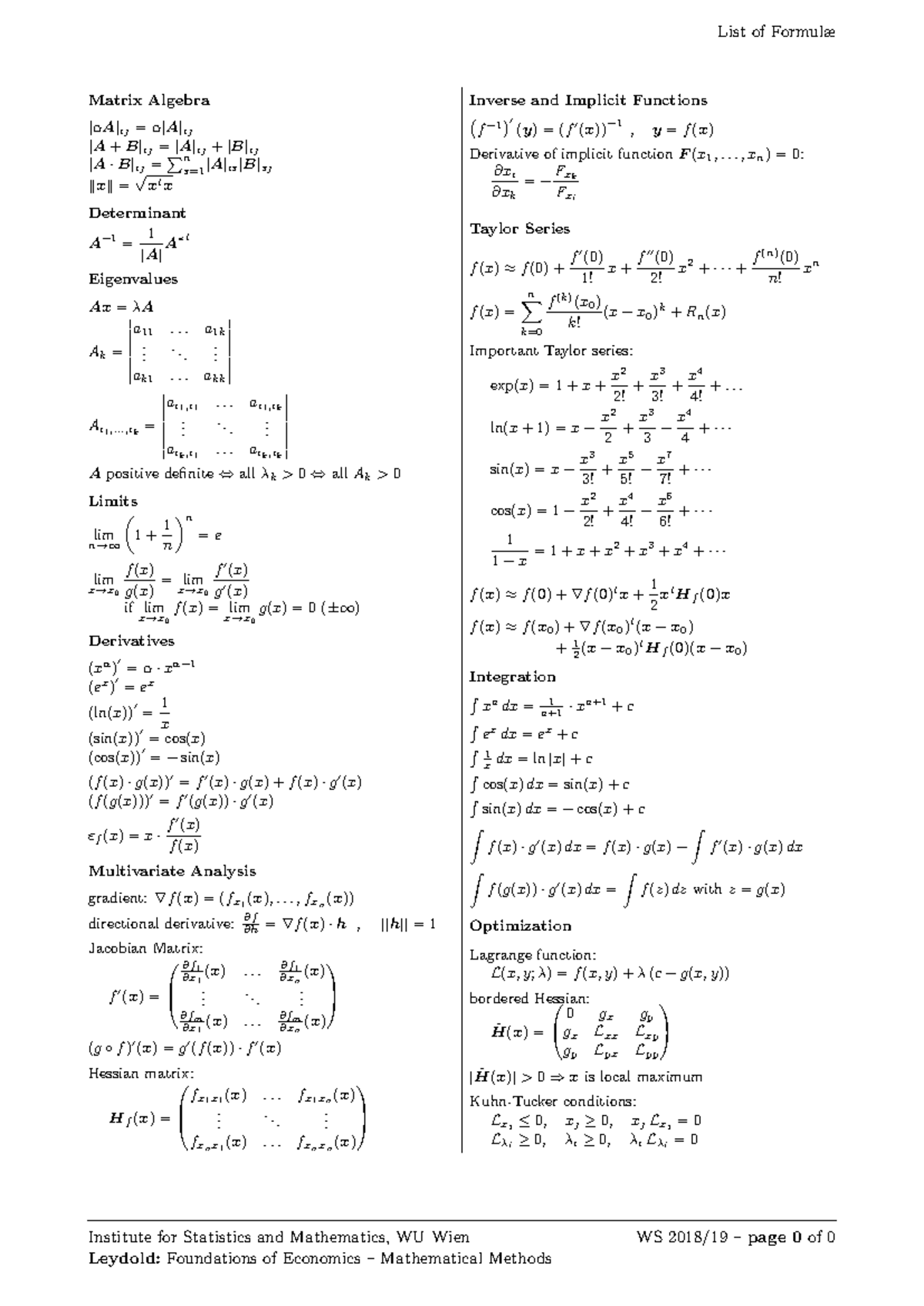 Matrix Algebra Formulae - MATH 101 Final Exam Notes - Studocu