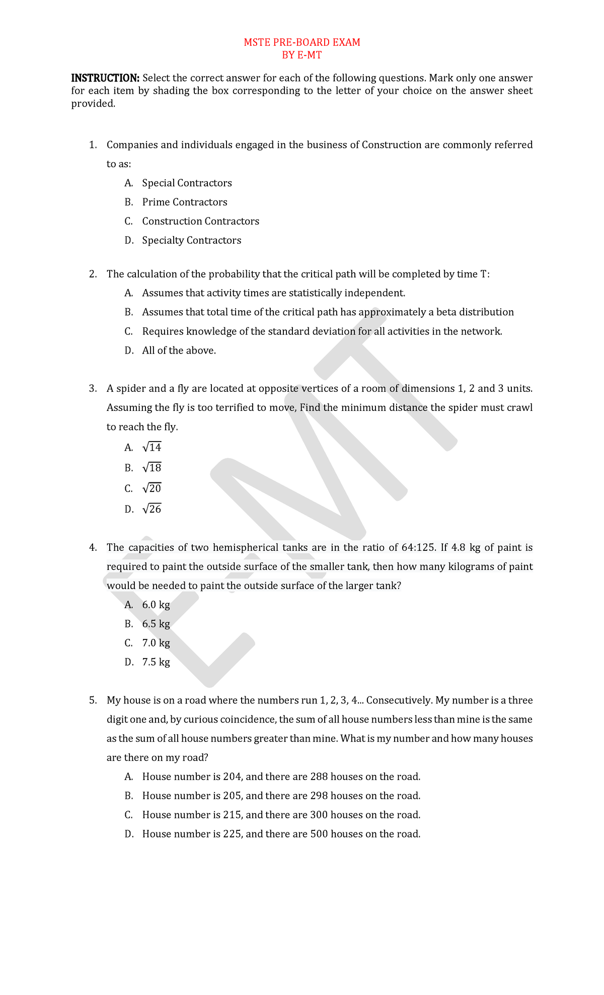 PRE Board EXAM #1 MSTE BY E-MT - BY E-MT INSTRUCTION: Select the ...
