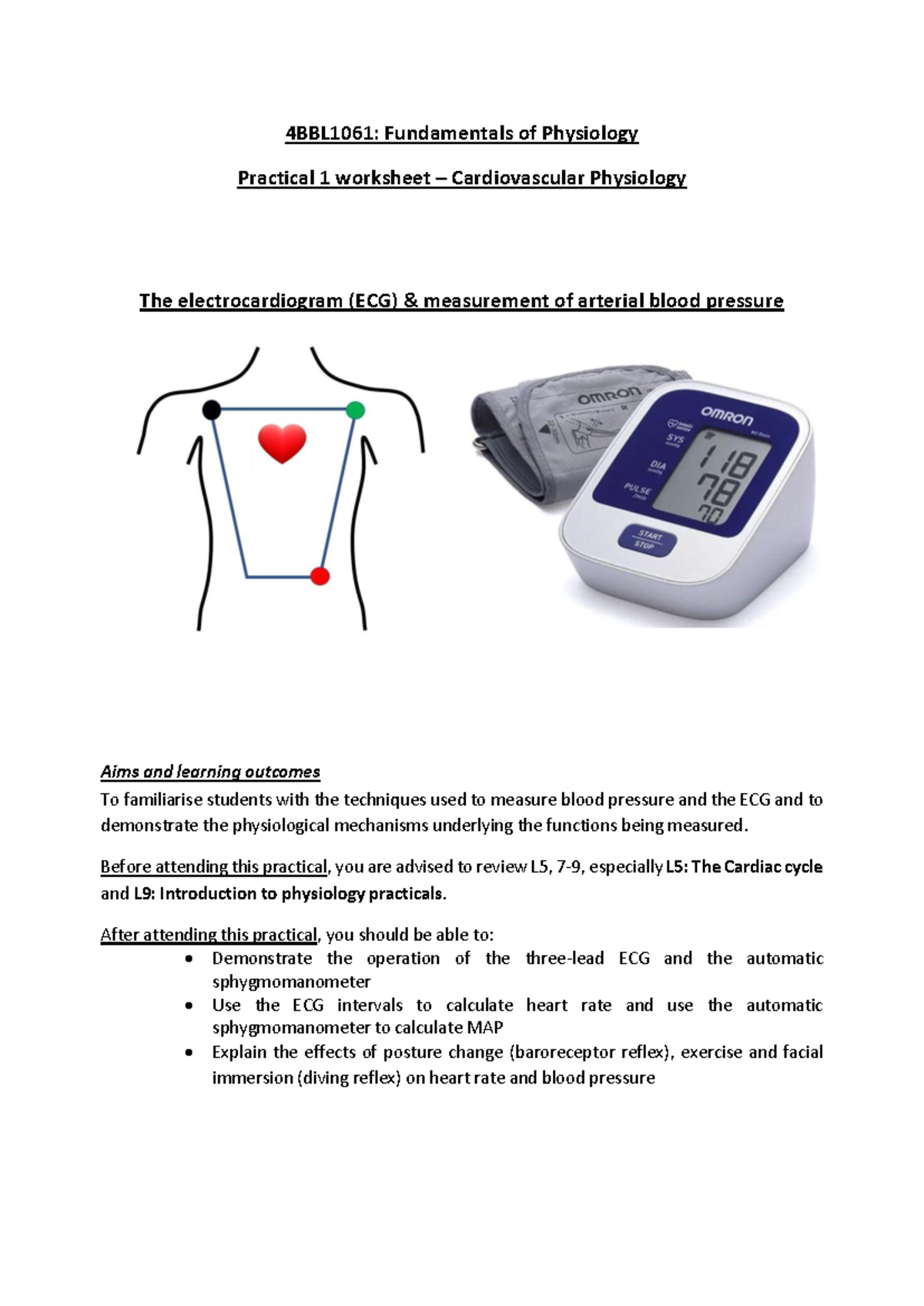 4BBL1061 Practical 1 Cardiovascular Physiology: ECG & Blood Pressure ...