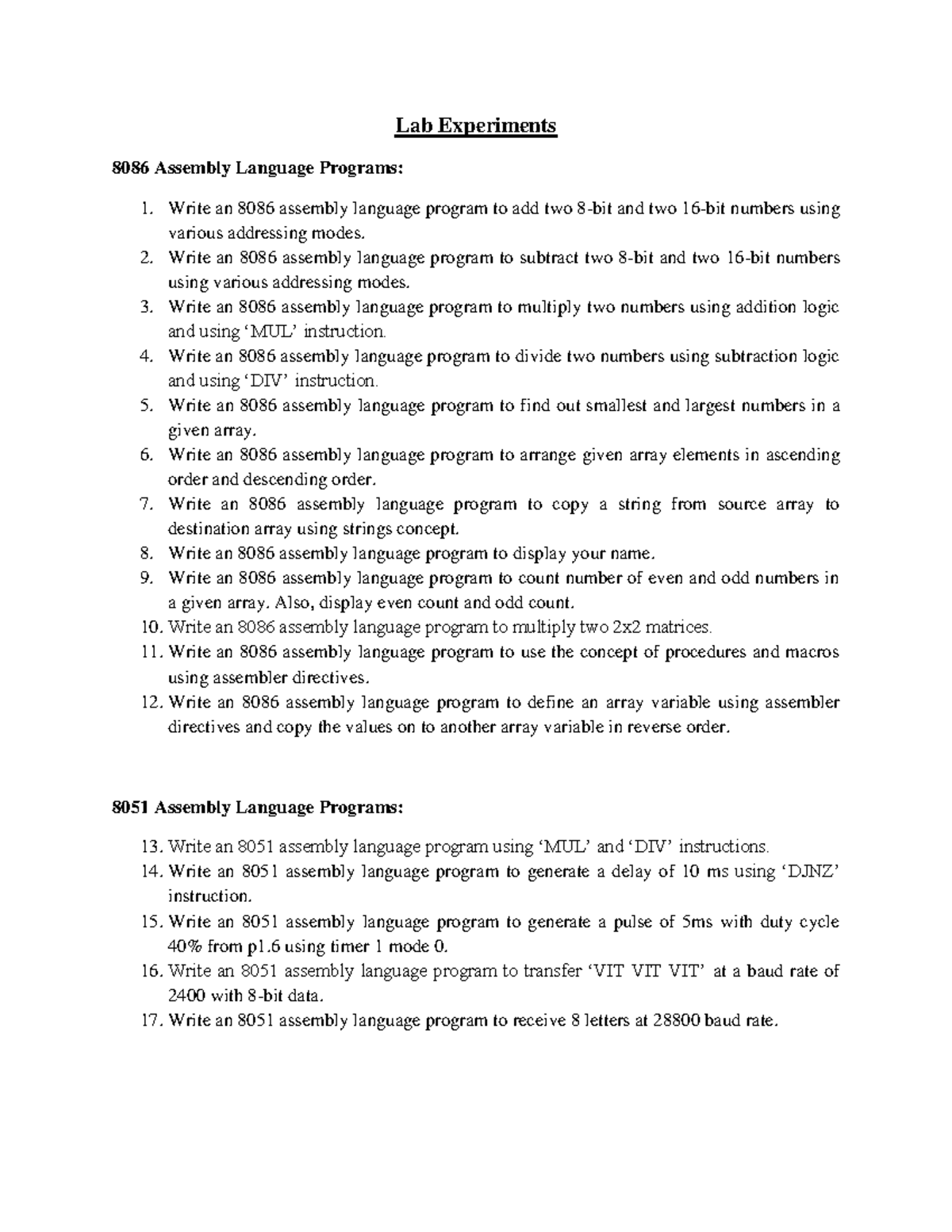 8086 & 8051 Assembly Language Lab Experiments and Programs - Studocu