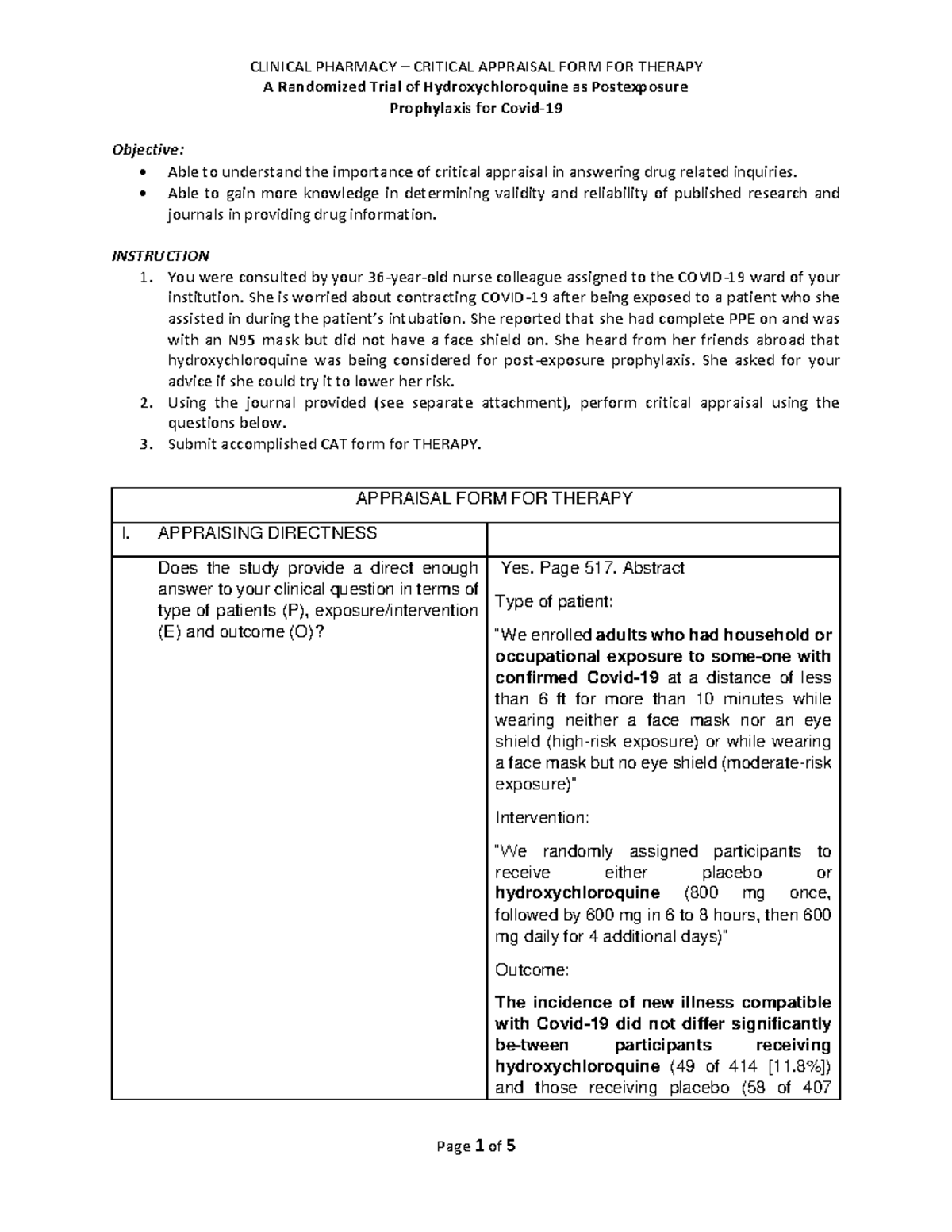 Critical Appraisal of RCT on Hydroxychloroquine Postexposure Use - Studocu