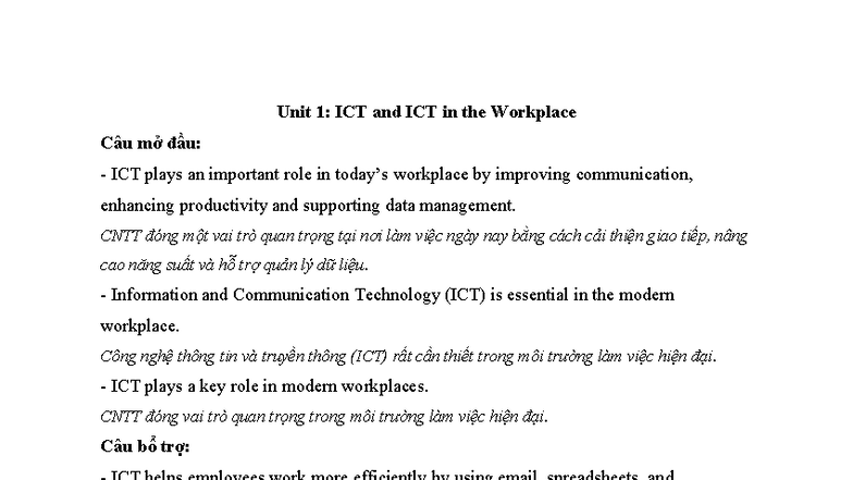 Unit 1: The Role of ICT in Modern Workplaces CTD1 - Studocu