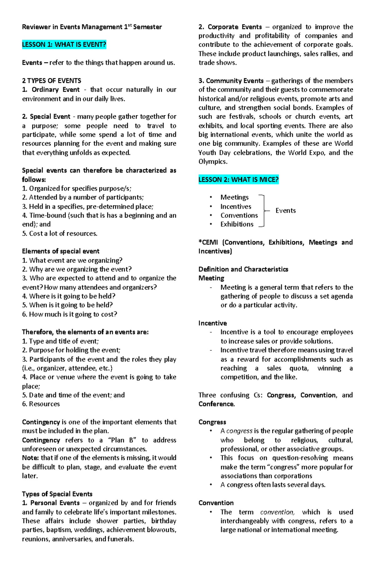 Events Management Reviewer: Key Concepts & MICE Overview (1st Sem ...