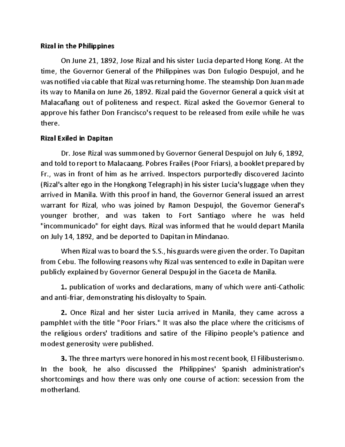 Rizal in the Philippines: His Return and Exile in Dapitan (1892-1896 ...