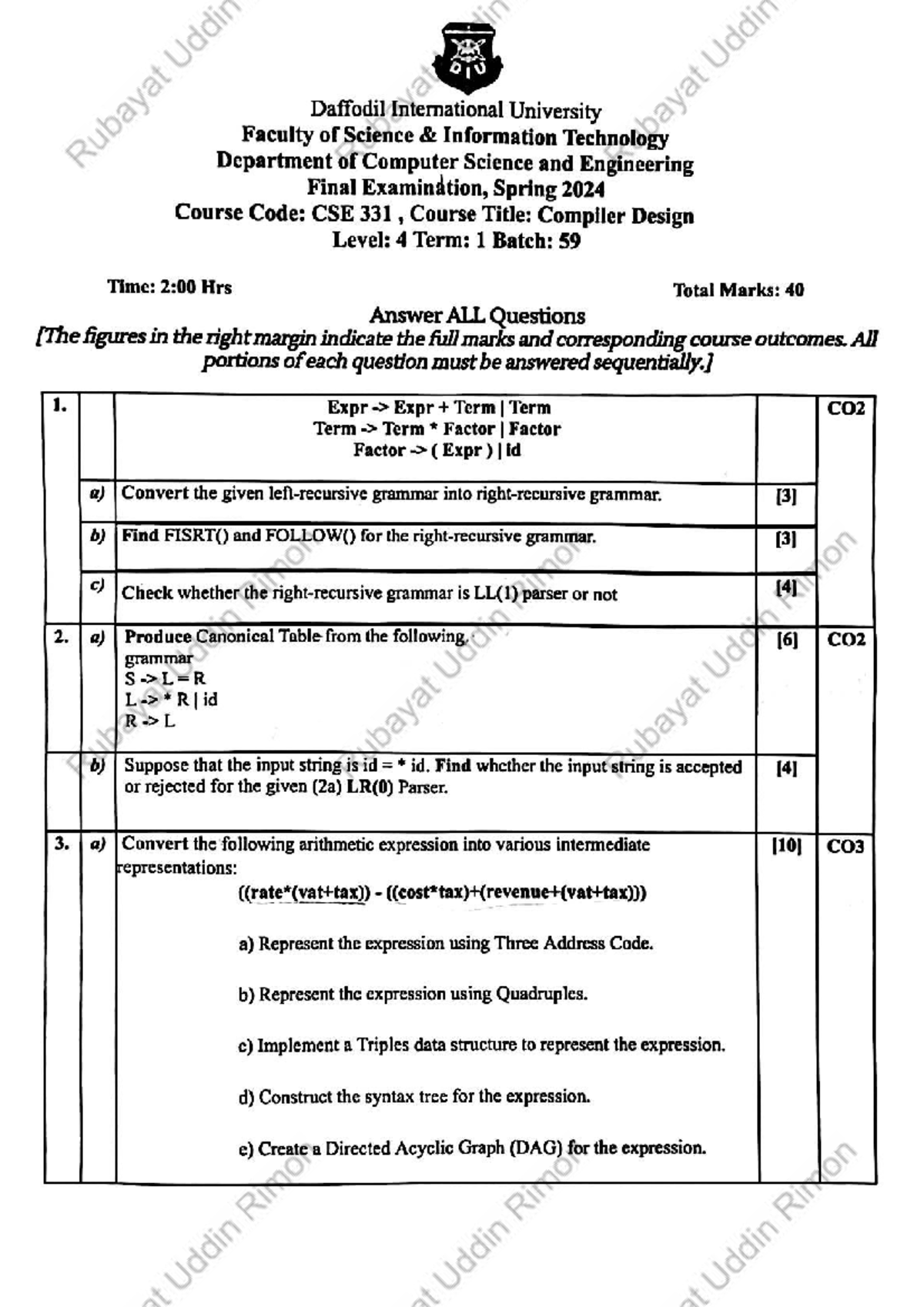 Final Exam Questions for Compiler Design CSE331 - Studocu