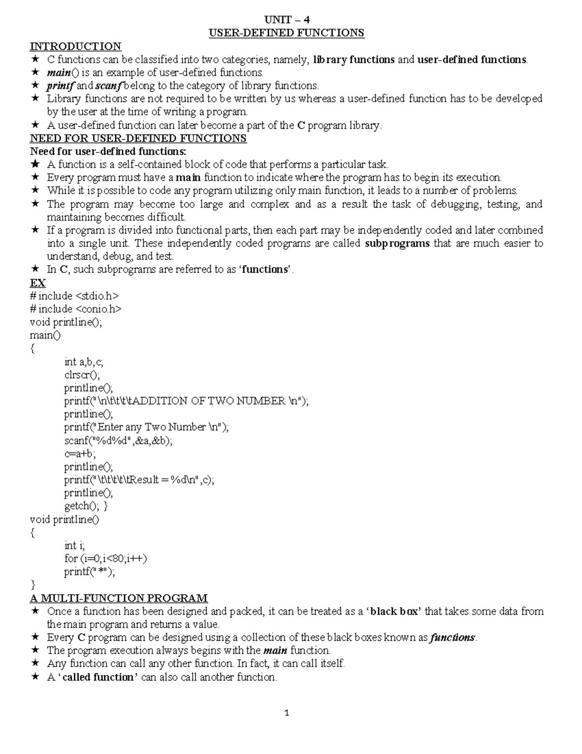 UNIT 4 - Introduction to Functions in C Programming - Studocu