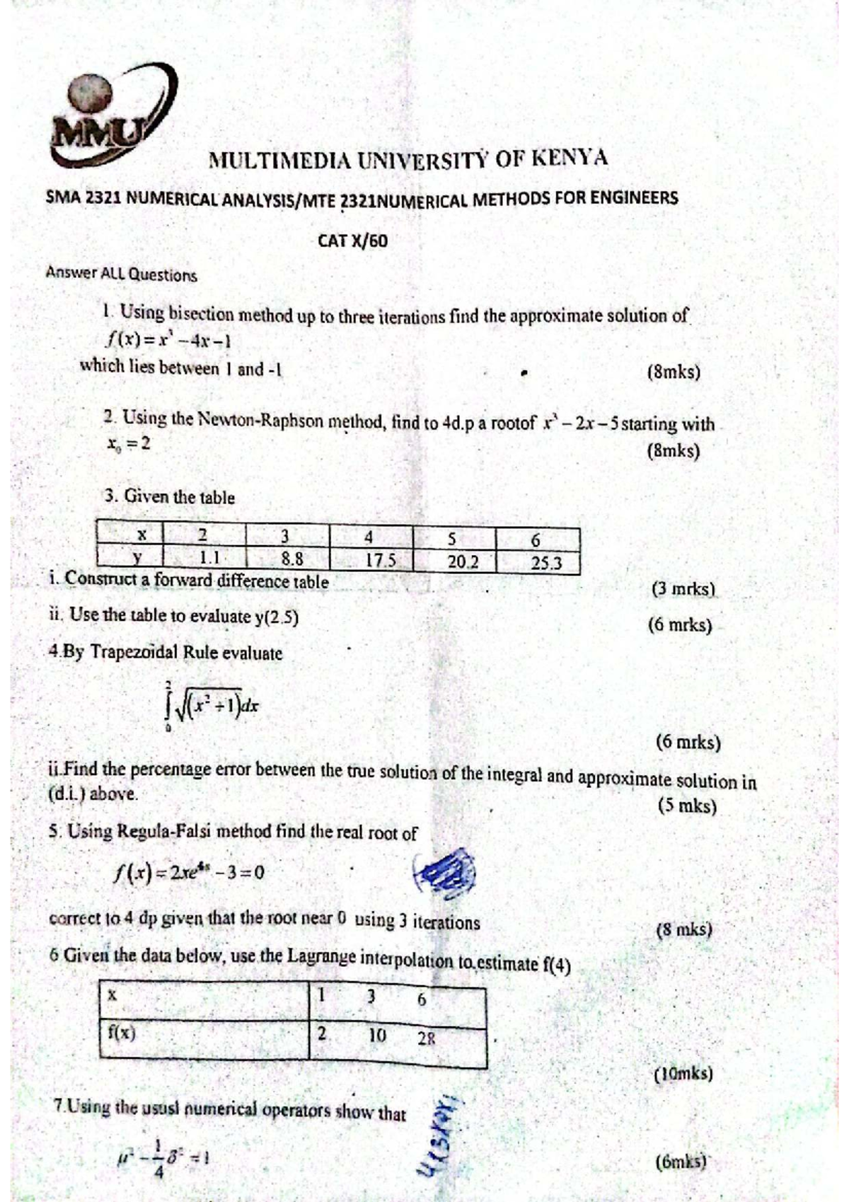MMU SMA 2321 Numerical Methods for Engineers CAT Questions - Studocu