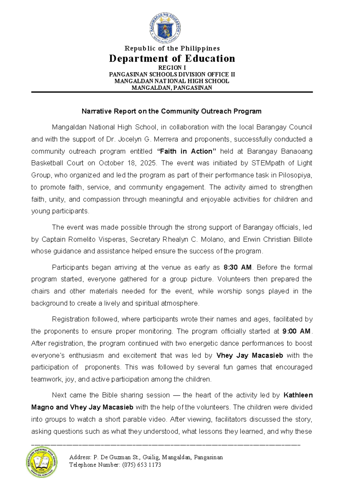 Narrative Report on the Community Outreach Program (Pilosopiya) - Studocu