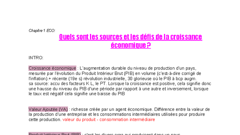 Chapitre 1 ECO: Sources et Défis de la Croissance Économique - Studocu