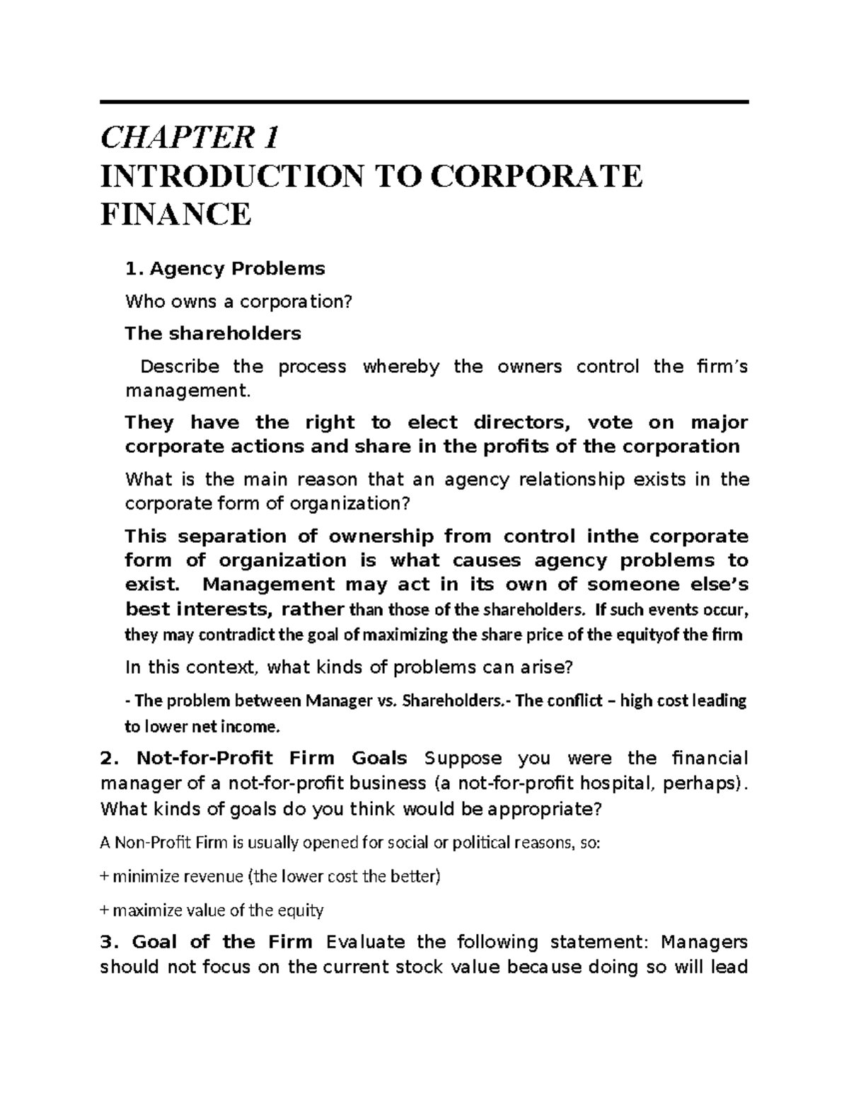 Introduction to Corporate Finance - Chapter 1 (TCDN) - Studocu