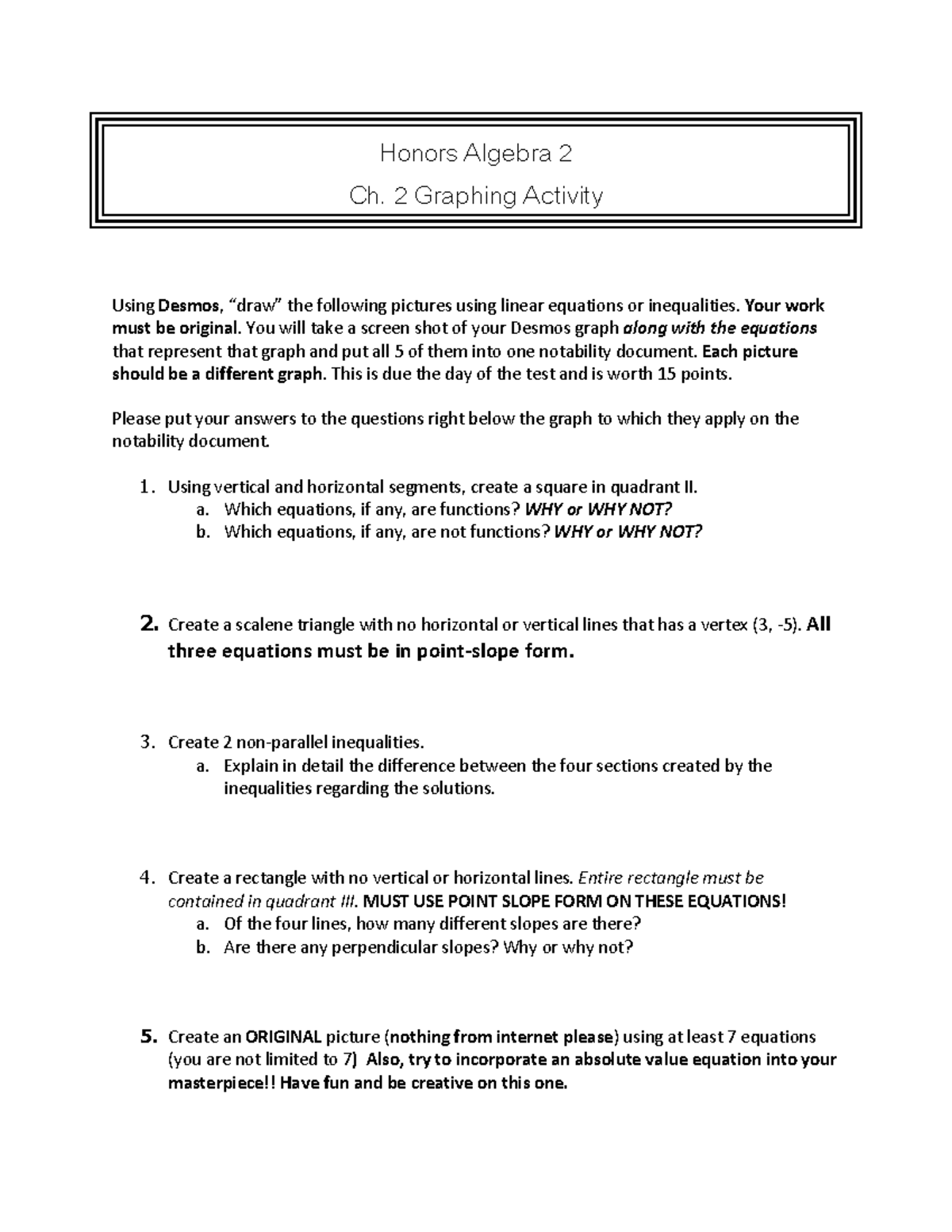HA2 Honors Algebra 2 Ch. 2 Graphing Activity Guidelines 2020 - Studocu