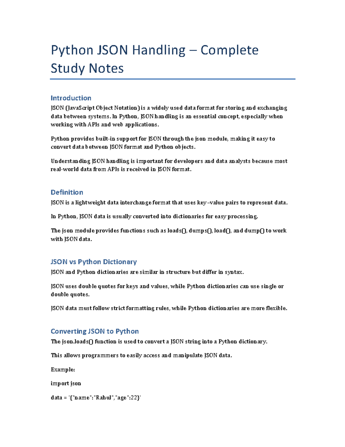 Python JSON Handling Complete Study Notes - Studocu
