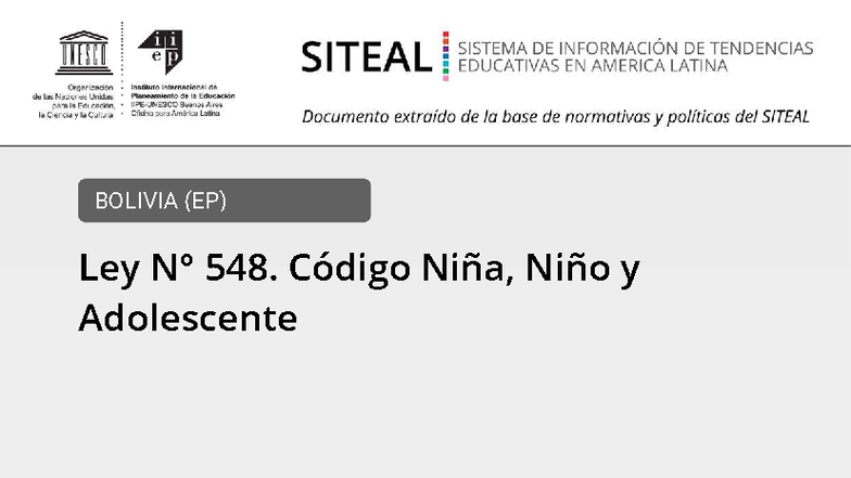 Código Niña, Niño y Adolescente de Bolivia - Ley 548 (2014) - Studocu