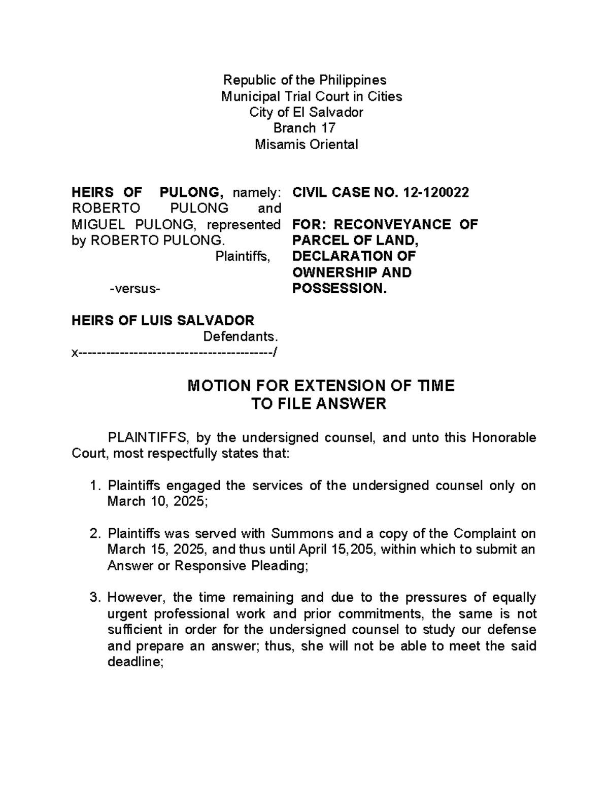 Motion for Extension of Time to File Answer - Civil Case No. 2025 - Studocu