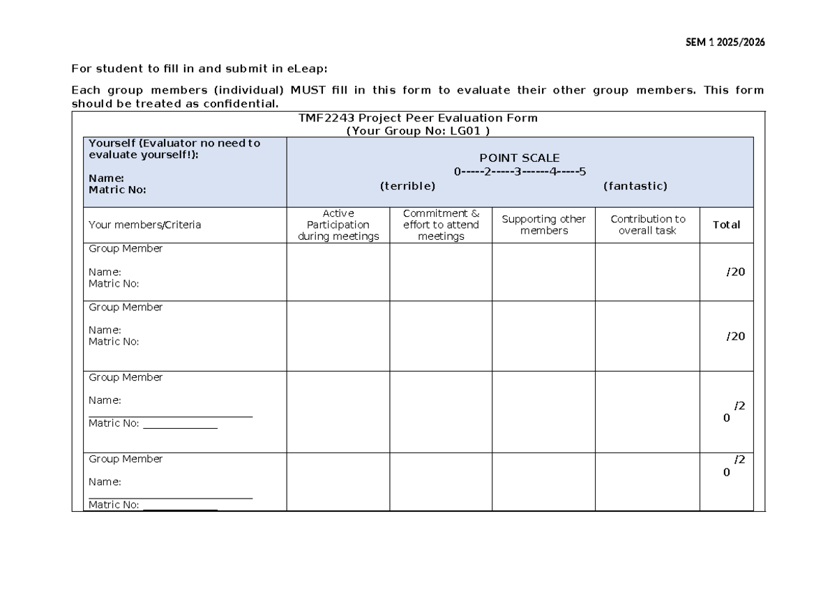 TMF2243 Project Peer Evaluation Form - Group LG01 - Studocu