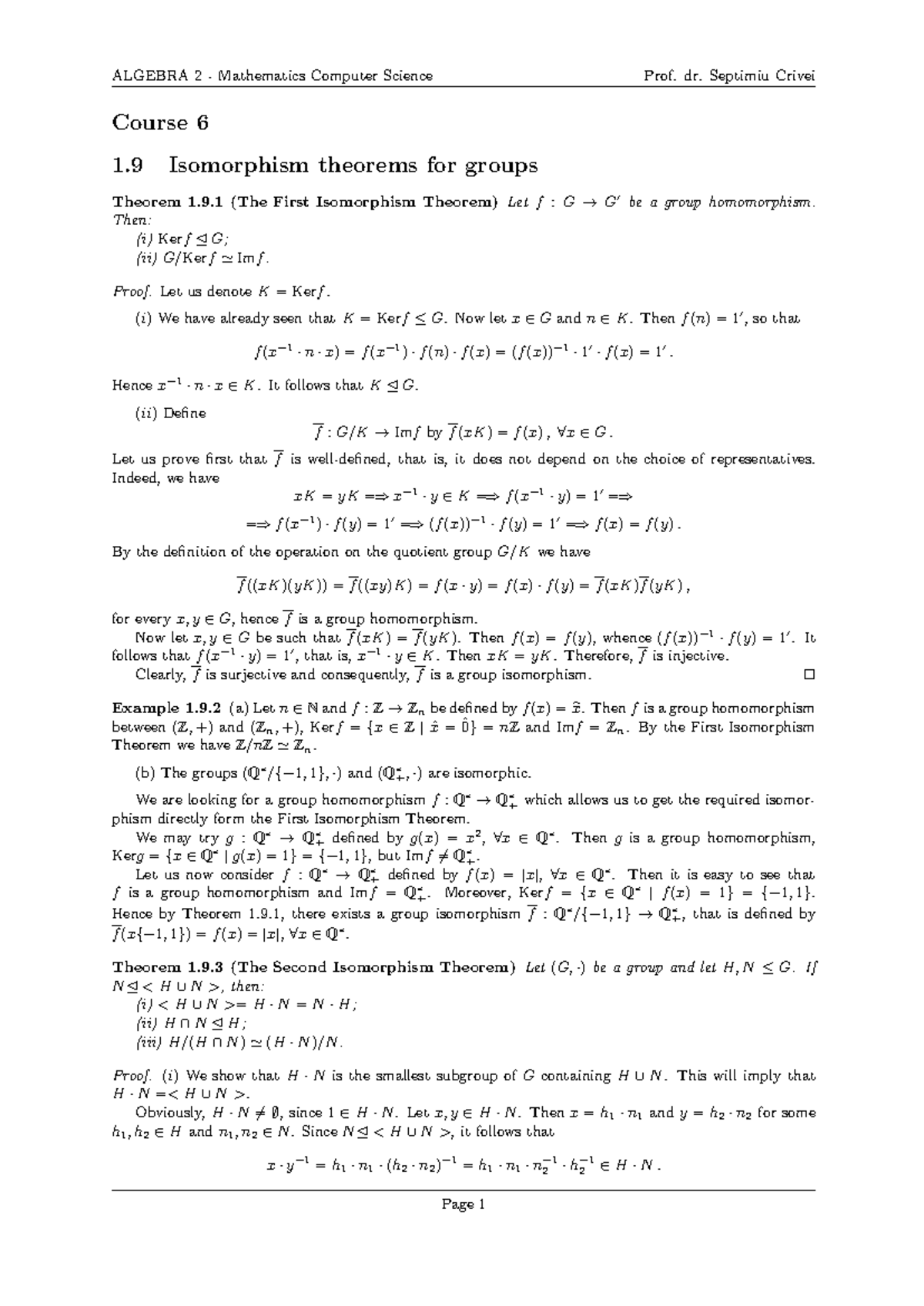 Algebra 2 (Course 06) - Isomorphism Theorems for Groups - Studocu