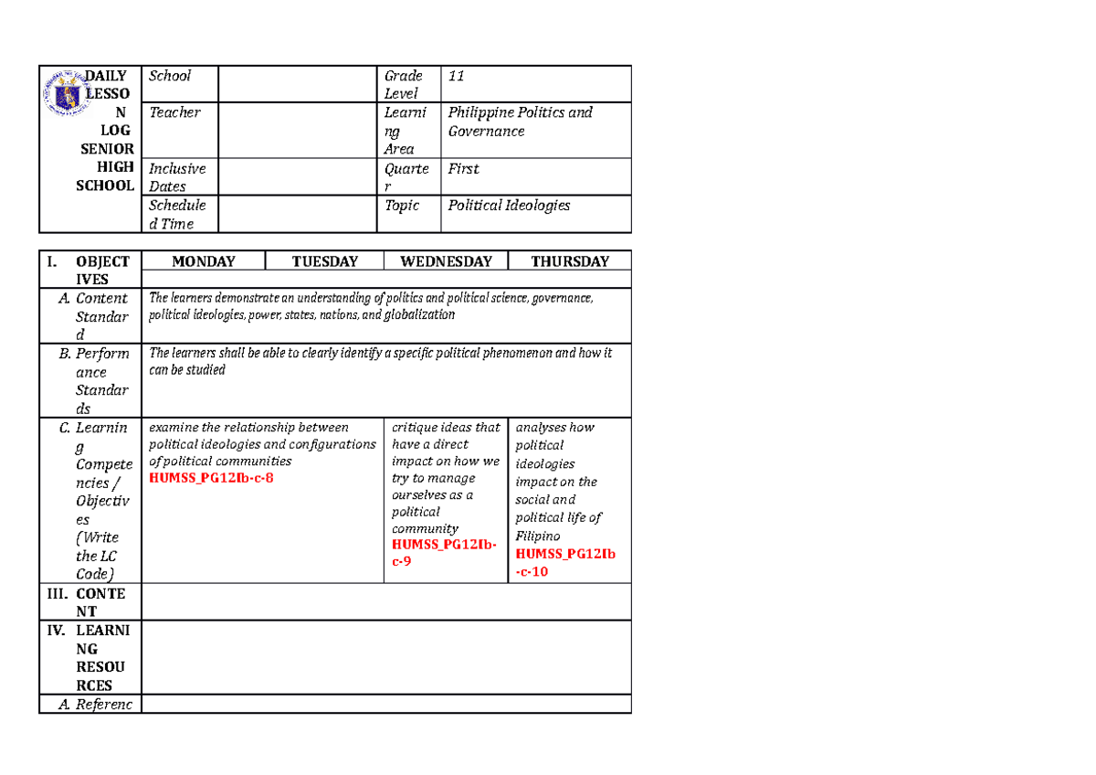 DLP PPG Q1 W3 - Comprehensive Lesson Plan on Political Ideologies - Studocu