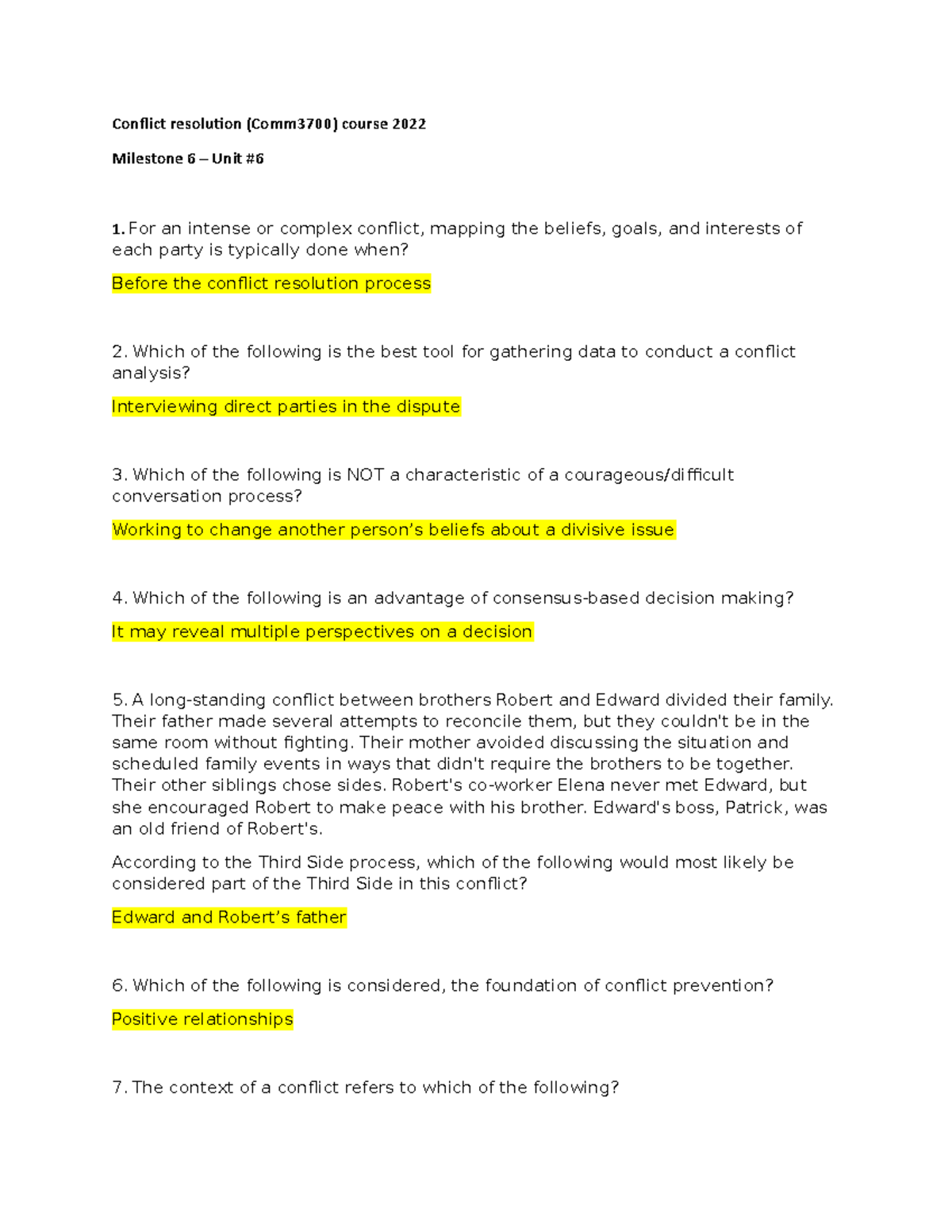 Comm3700 Conflict Resolution Unit 6 Milestone 6 Exam Review - Studocu