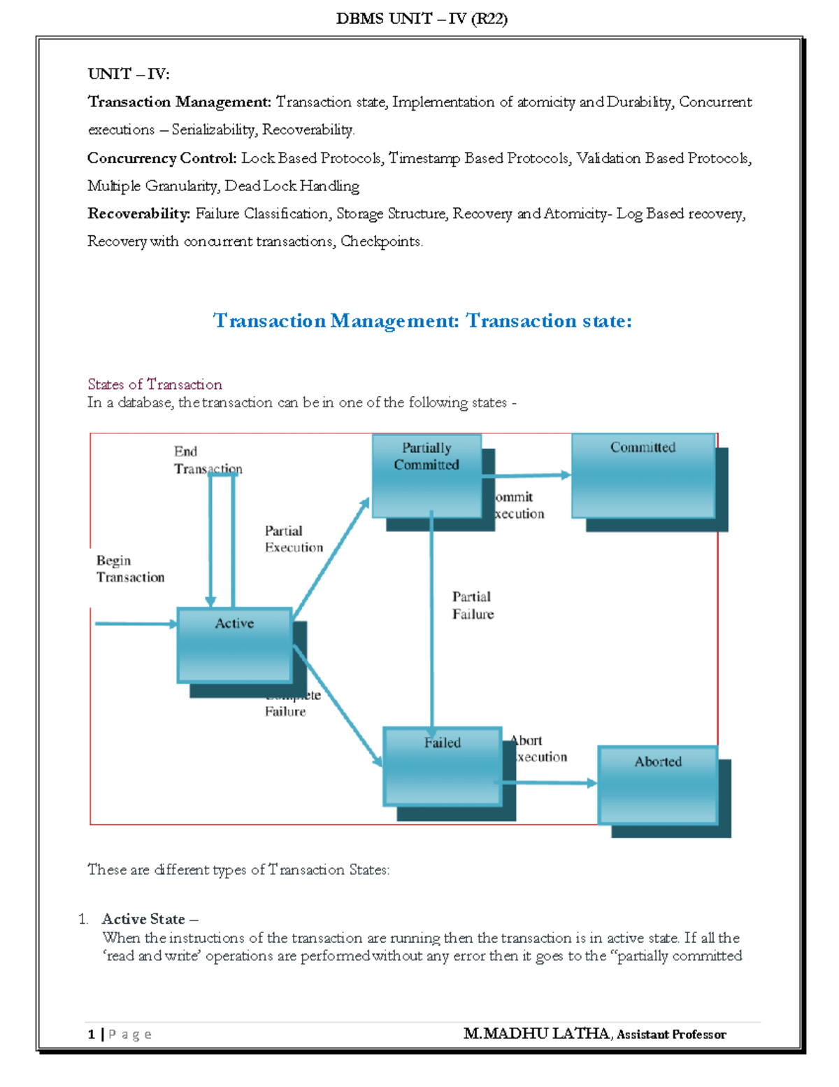 DBMS - UNIT IV - DBMS Printed Notes - UNIT – IV: Transaction Management ...