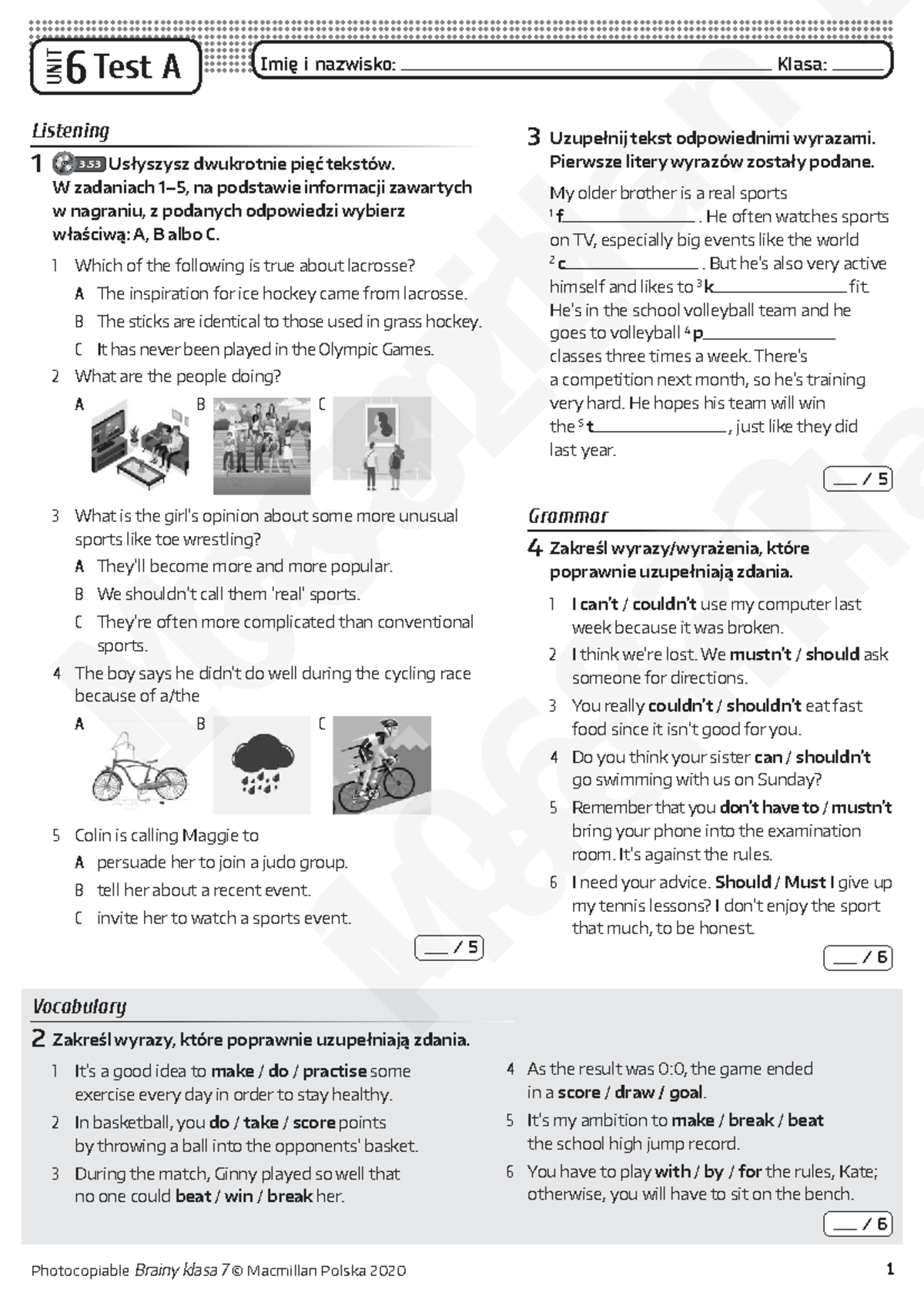 brainy klasa 7 unit 6 test