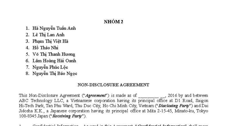Nhóm 2 - Midterm Test - NDA Review and Agreement Analysis - Studocu